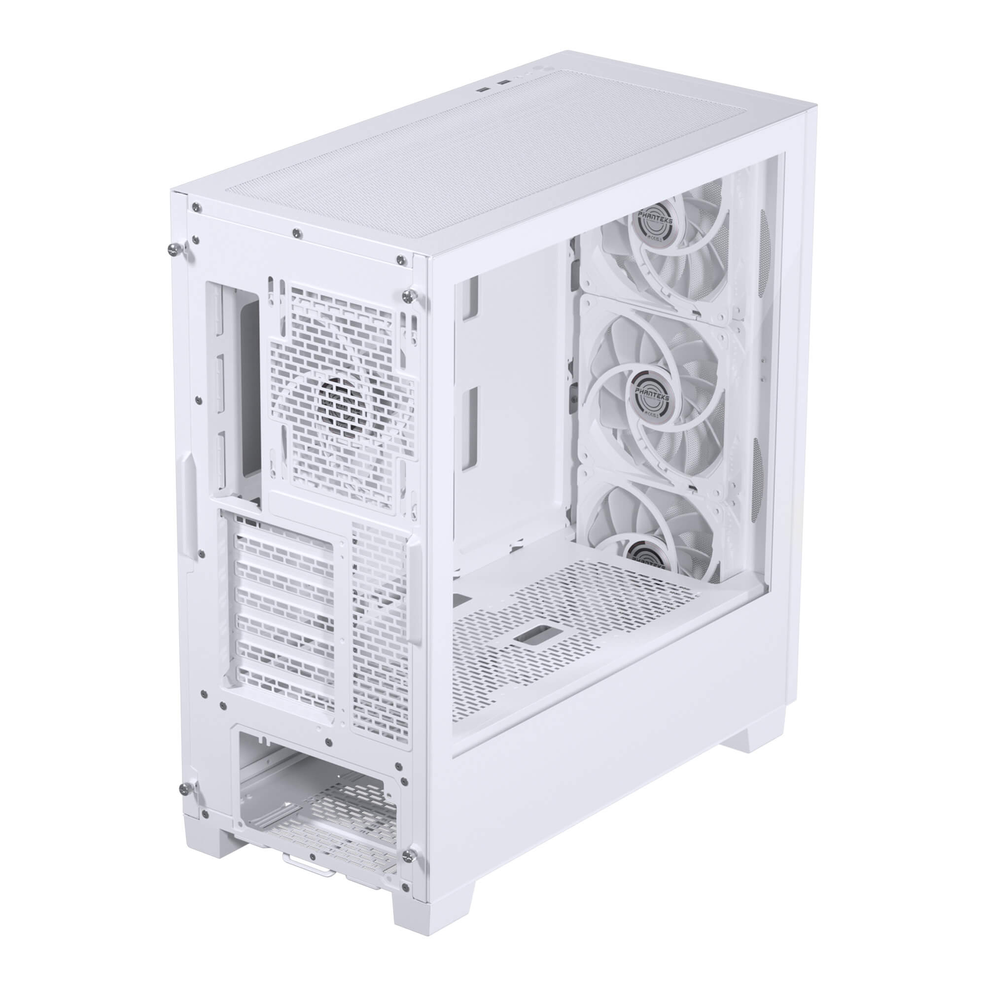 Weißes PC-Gehäuse mit Lüftern. Winkelansicht des weißen PC-Gehäuses mit sichtbaren Lüftern.