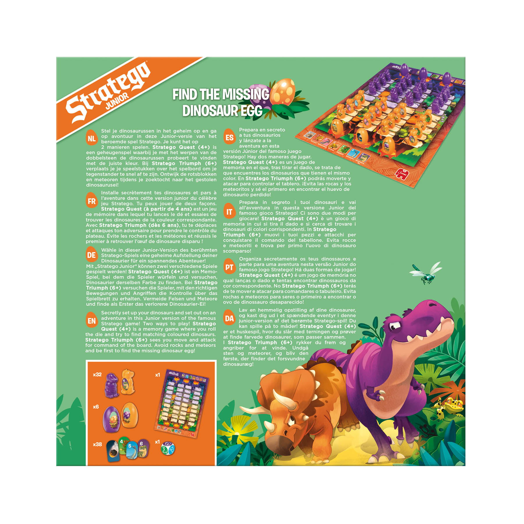 Boîte de jeu de société Stratego Junior et plateau de jeu sur le thème des dinosaures et instructions en anglais.