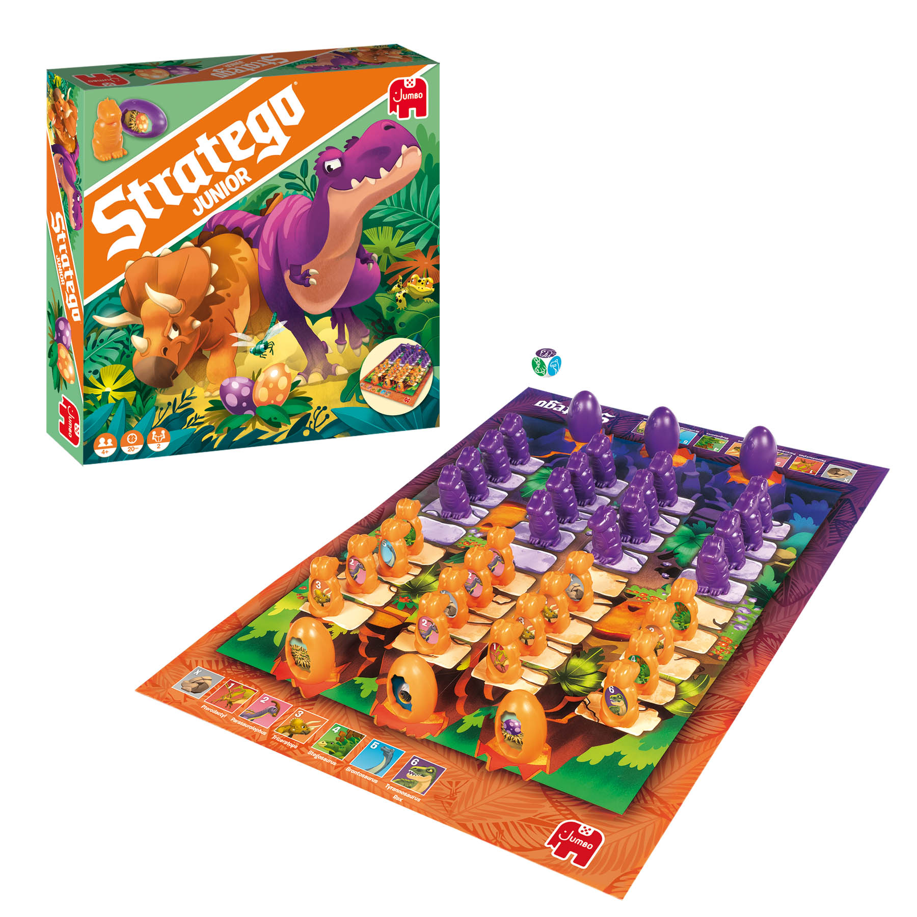 Jeu de société Stratego Junior avec des pièces de dinosaures et un fond de jungle. Boîte en haut à gauche.