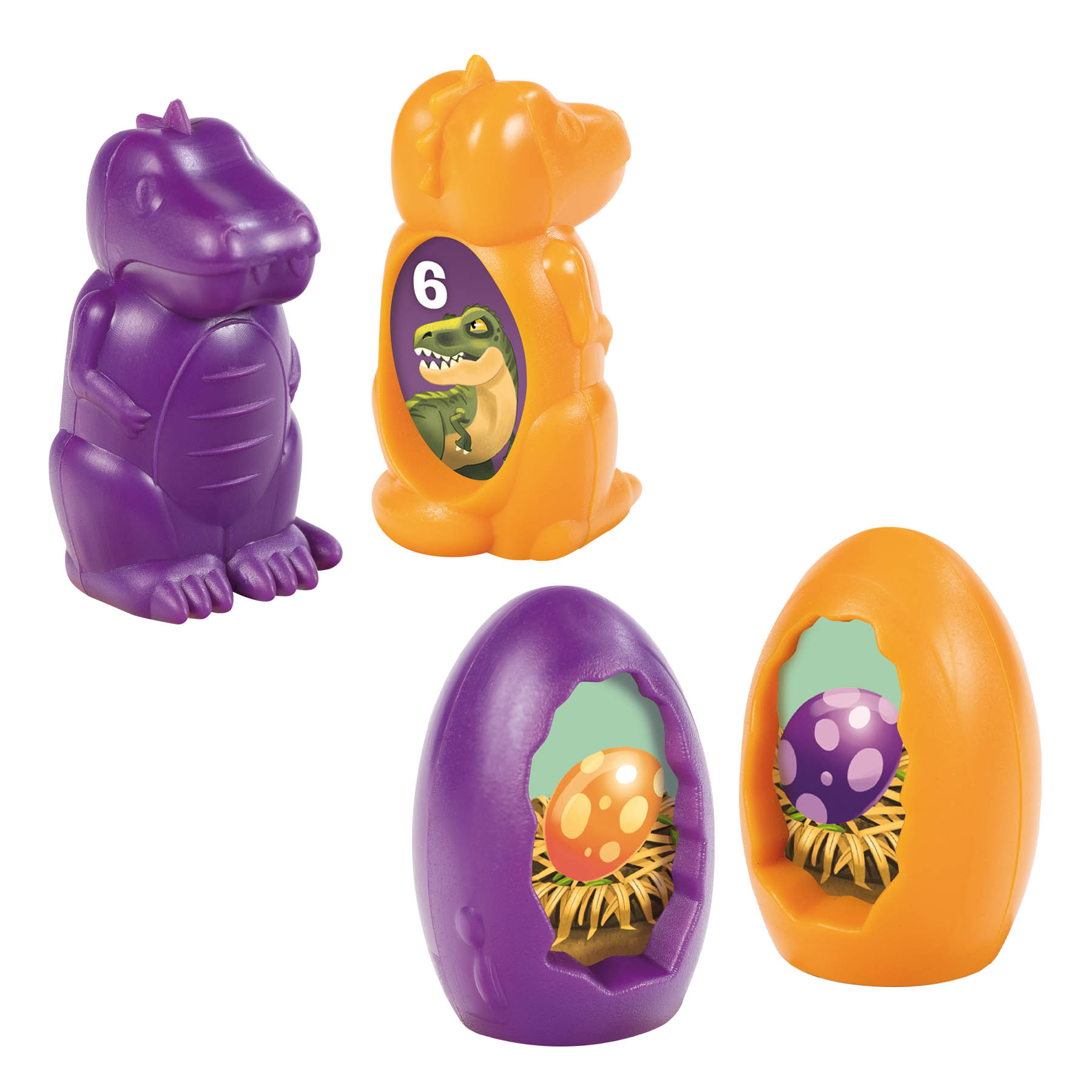 Quatre dinosaures jouets en plastique et deux œufs, dont un ouvert. Les couleurs sont violet, orange et vert.