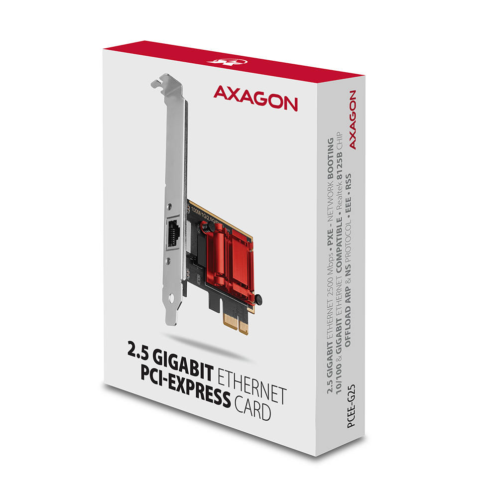 Pudełko karty Axagon 2.5 Gigabit Ethernet PCI-Express na białej powierzchni.