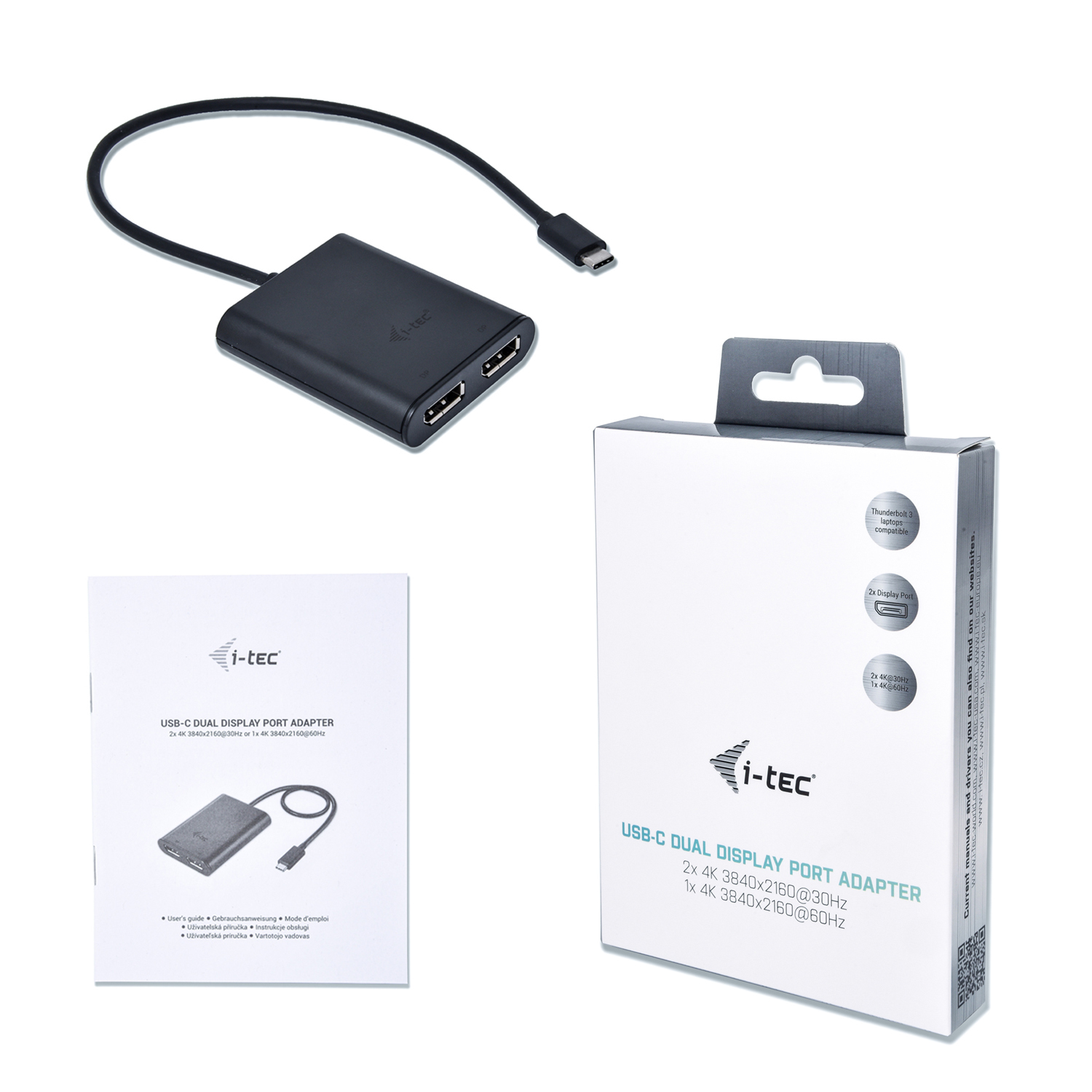 Un adattatore per porta display dual USB-C nero con cavo, una guida per l'utente e una scatola del prodotto.