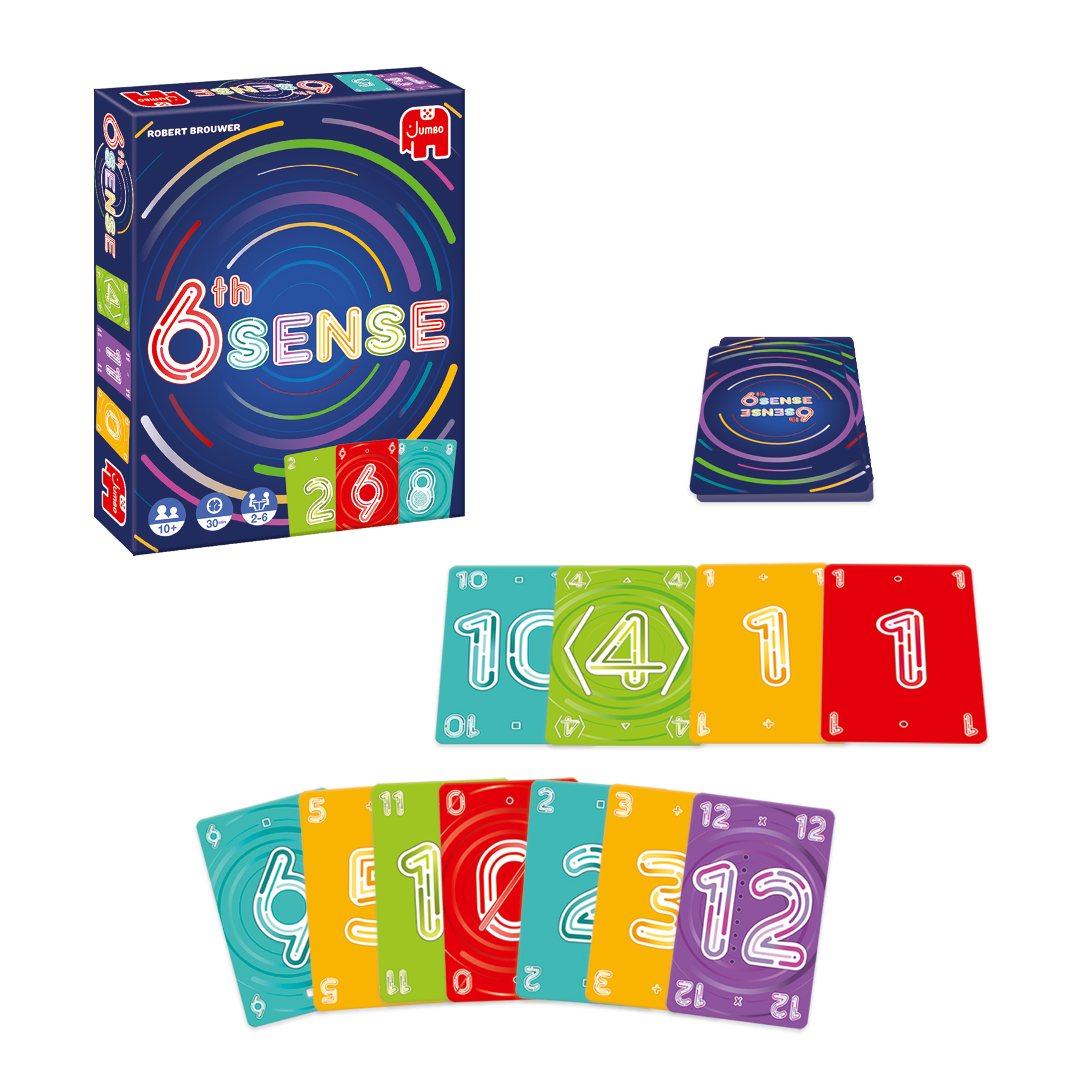 Ein Brettspiel mit Karten und einer Box. Die Box ist blau mit bunten Kreisen. Karten auf weißer Oberfläche.