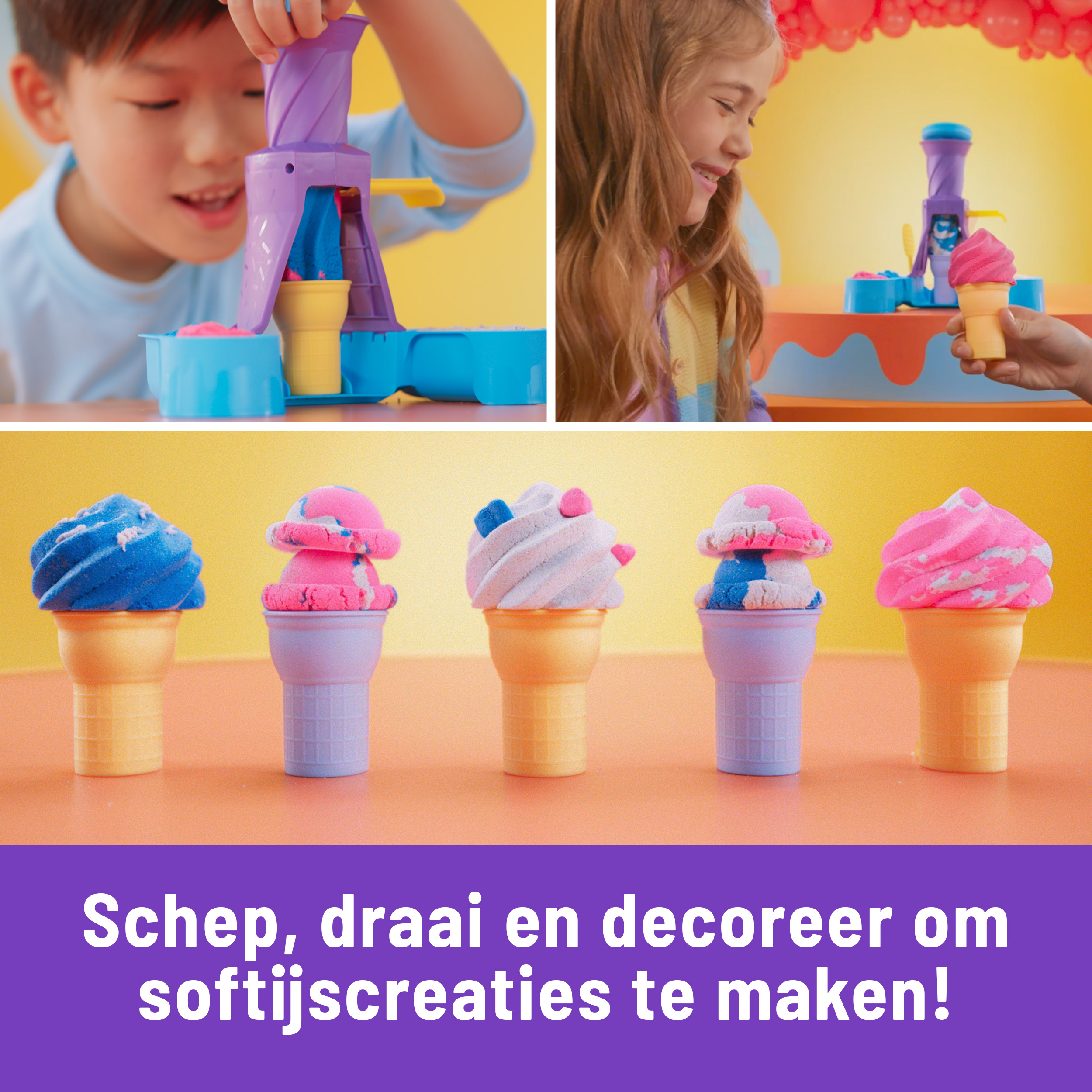 Kinder machen Eistüten mit einem Spielzeugset.  Es gibt bunte Eiswaffeln auf dem Tisch.