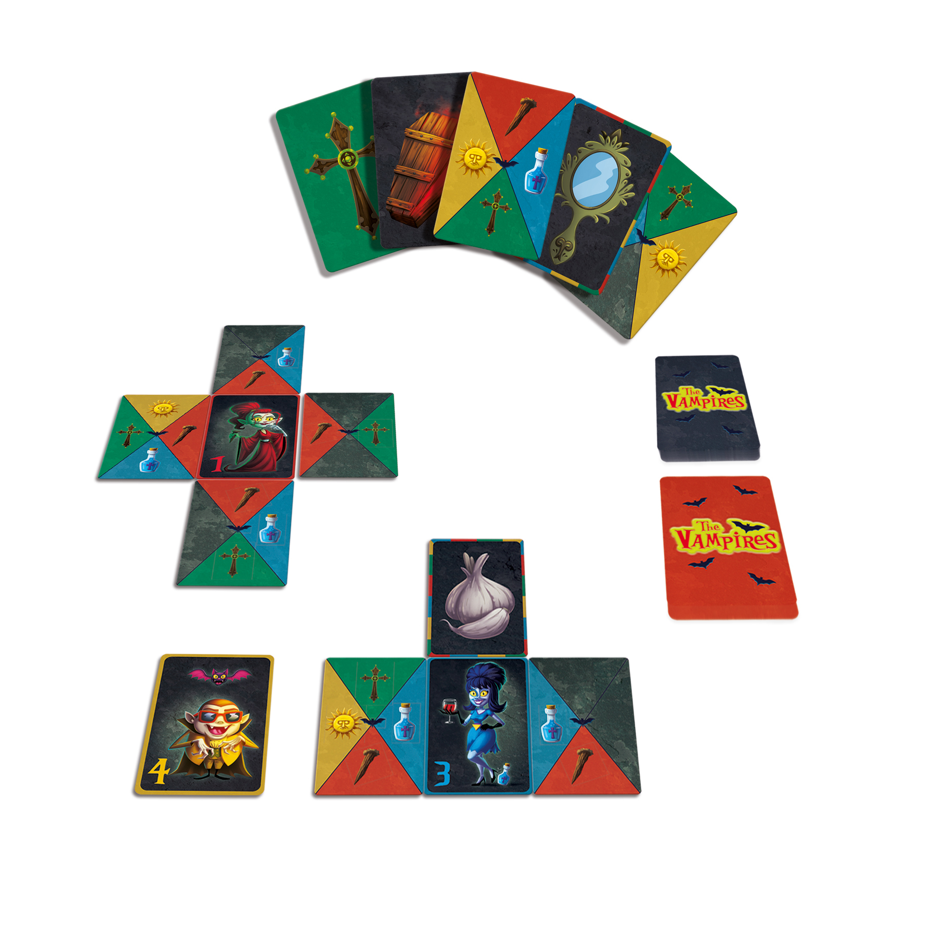 Różne karty do gry, w tym karty z motywem wampirów, ułożone na białej powierzchni.
