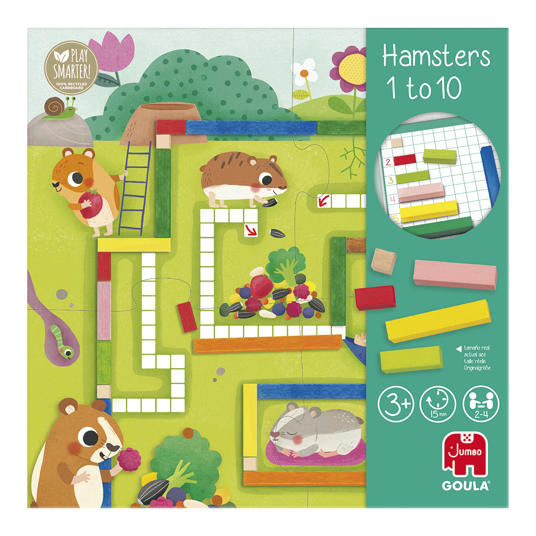 Kolorowa gra planszowa z chomikami i labiryntem. Są drewniane elementy i kostki do gry.