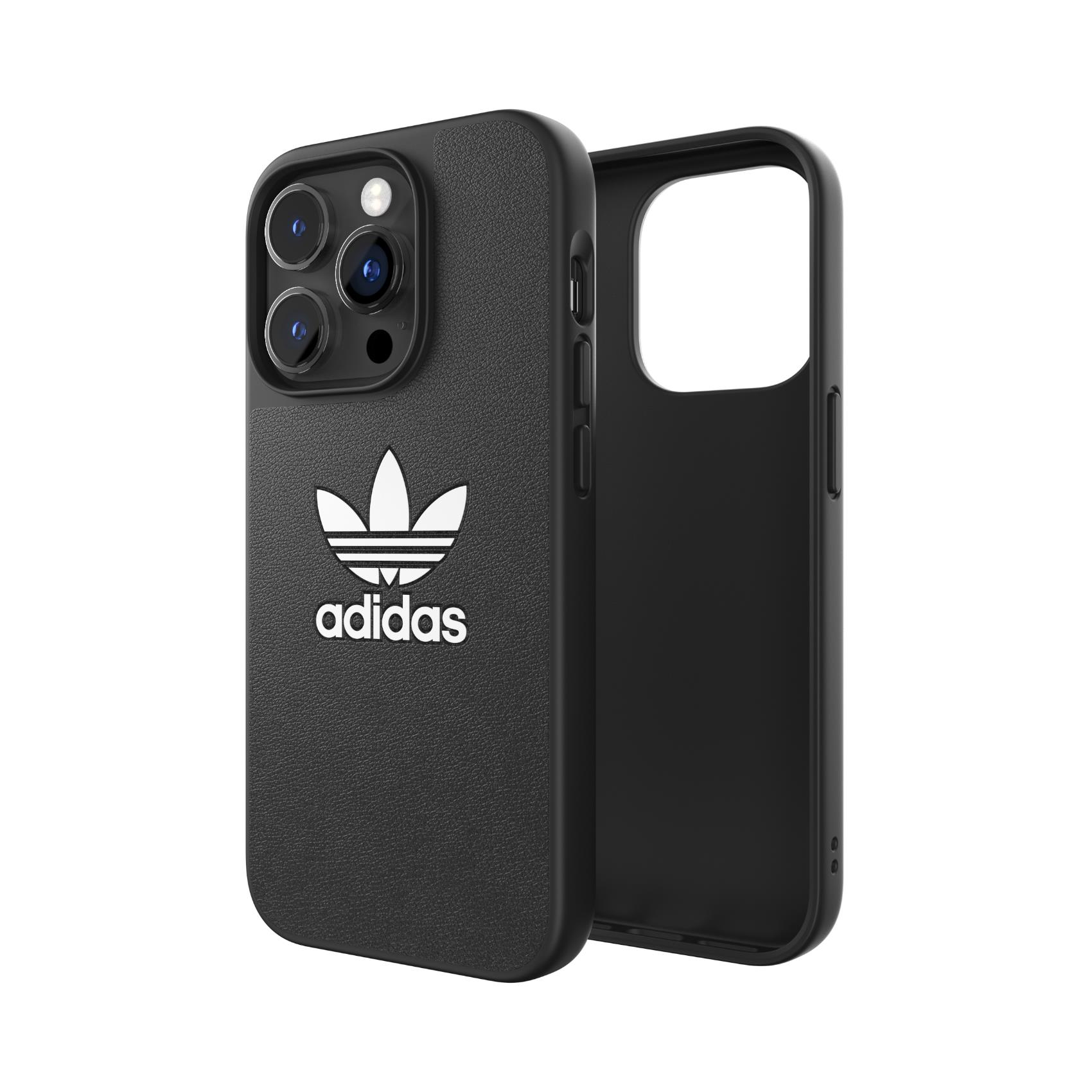 Custodia nera per telefono con logo Adidas. La custodia è di lato.