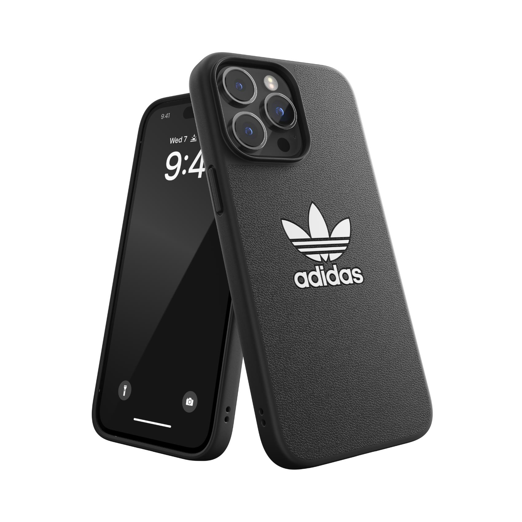 Custodia nera per iPhone con logo Adidas. Il telefono è mostrato da entrambi i lati.