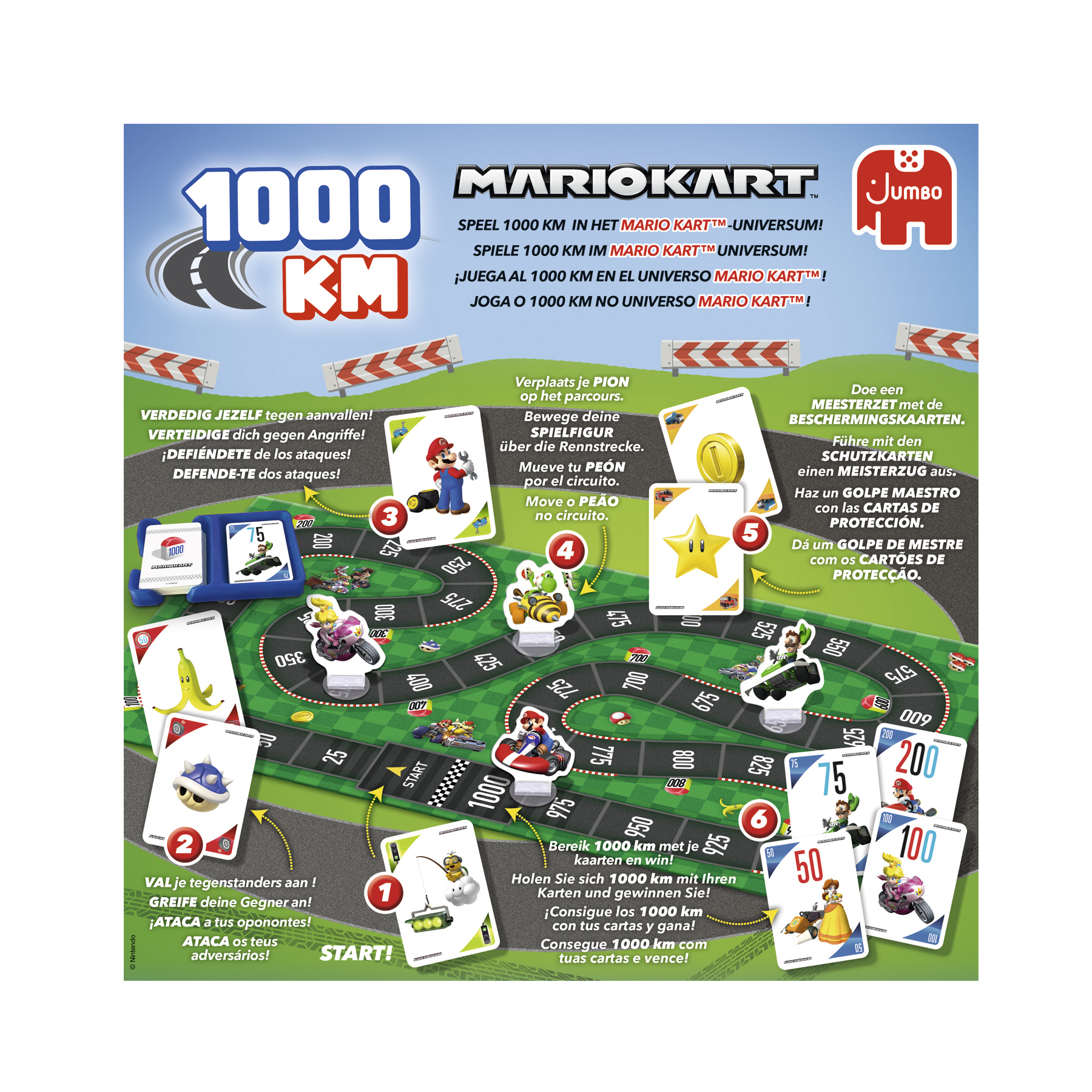 Mario Kart Brettspiel mit Karten und Spielfiguren auf grüner Rennstrecke.