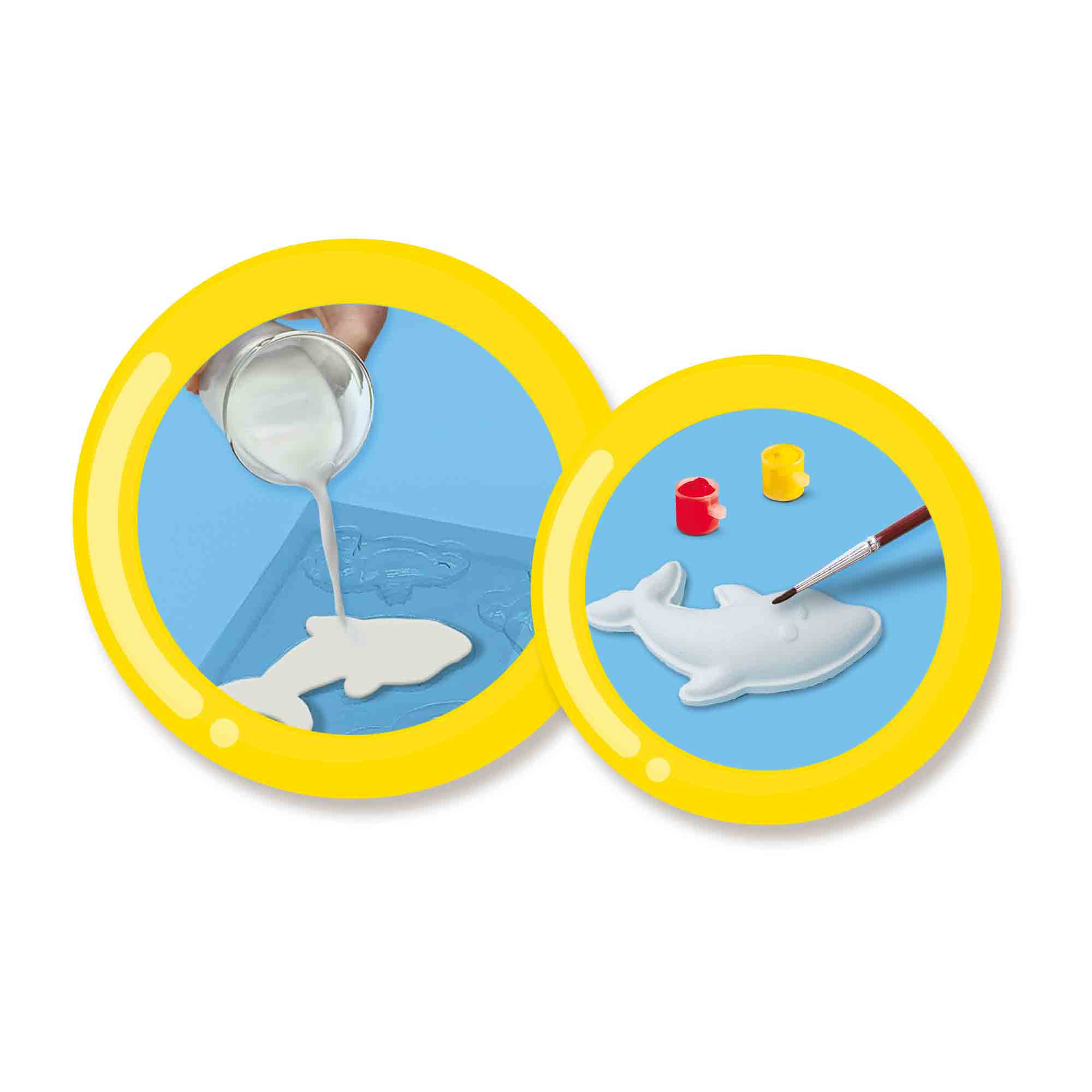 Dwa obrazy: wlewanie płynu do formy i malowanie delfina.