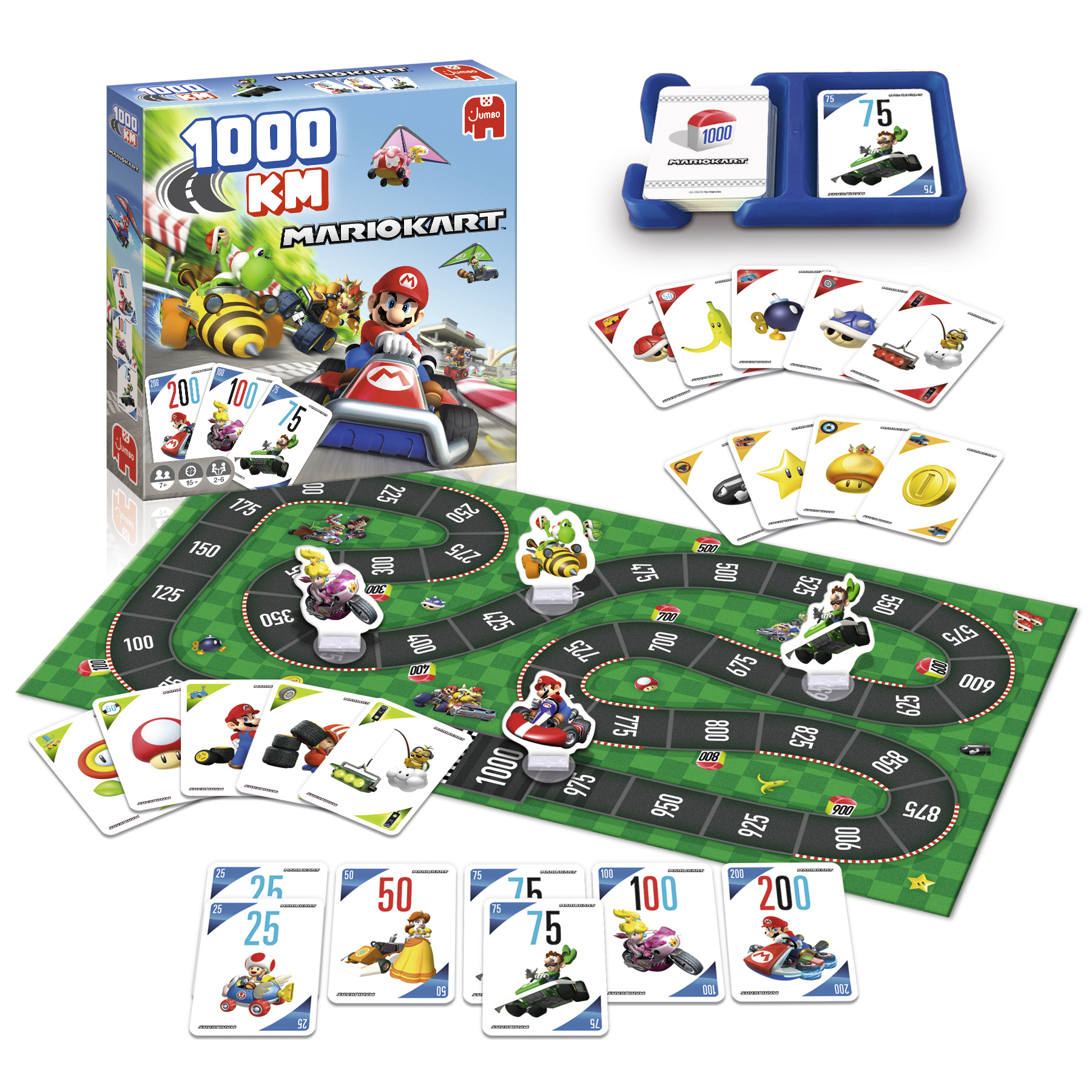 Mario Kart Brettspiel mit Spielbrett, Karten und Figuren. Die Schachtel zeigt Mario in einem Kart.