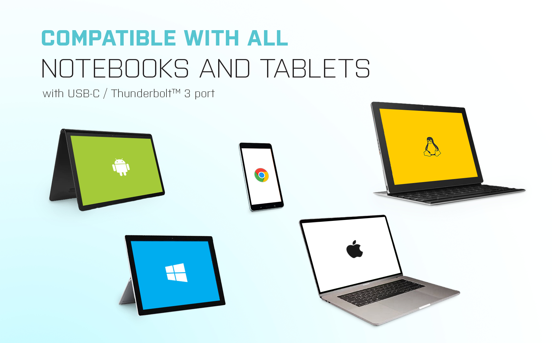 Una varietà di dispositivi, inclusi laptop e tablet, compatibili con porte USB-C/Thunderbolt 3.