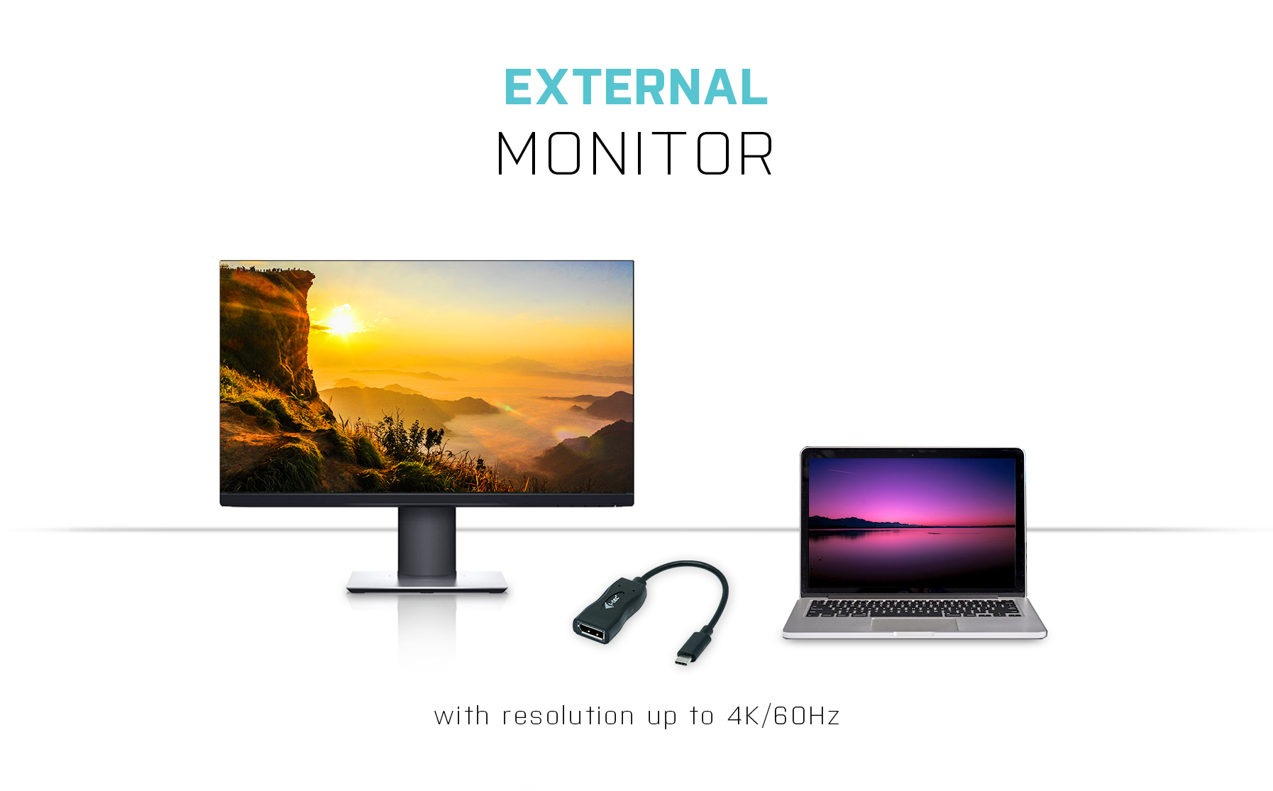 Monitor esterno con vista panoramica, collegato a un laptop con cavo.
