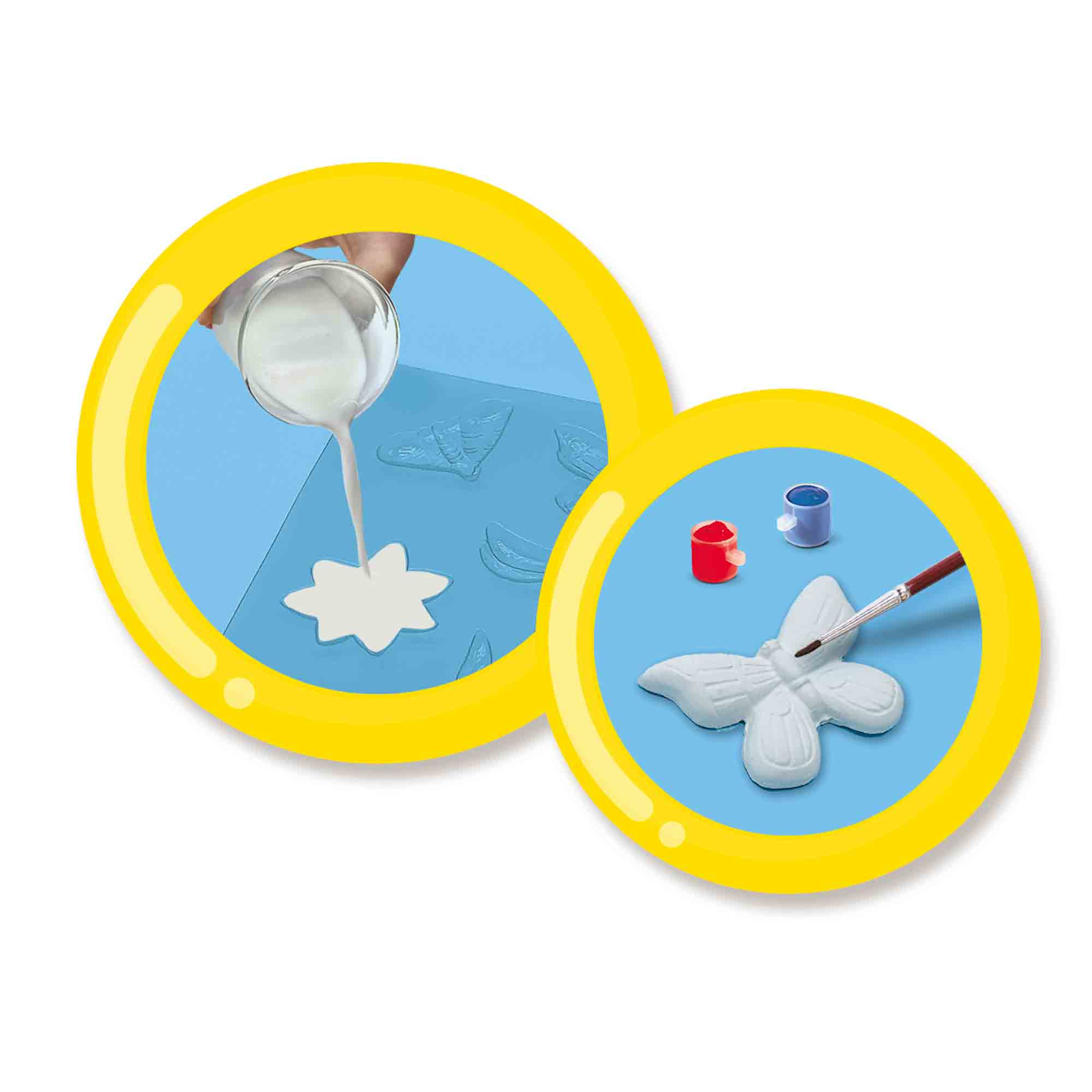 Dwa żółte koła z niebieskim tłem, pokazujące wylewanie i malowanie motyla.