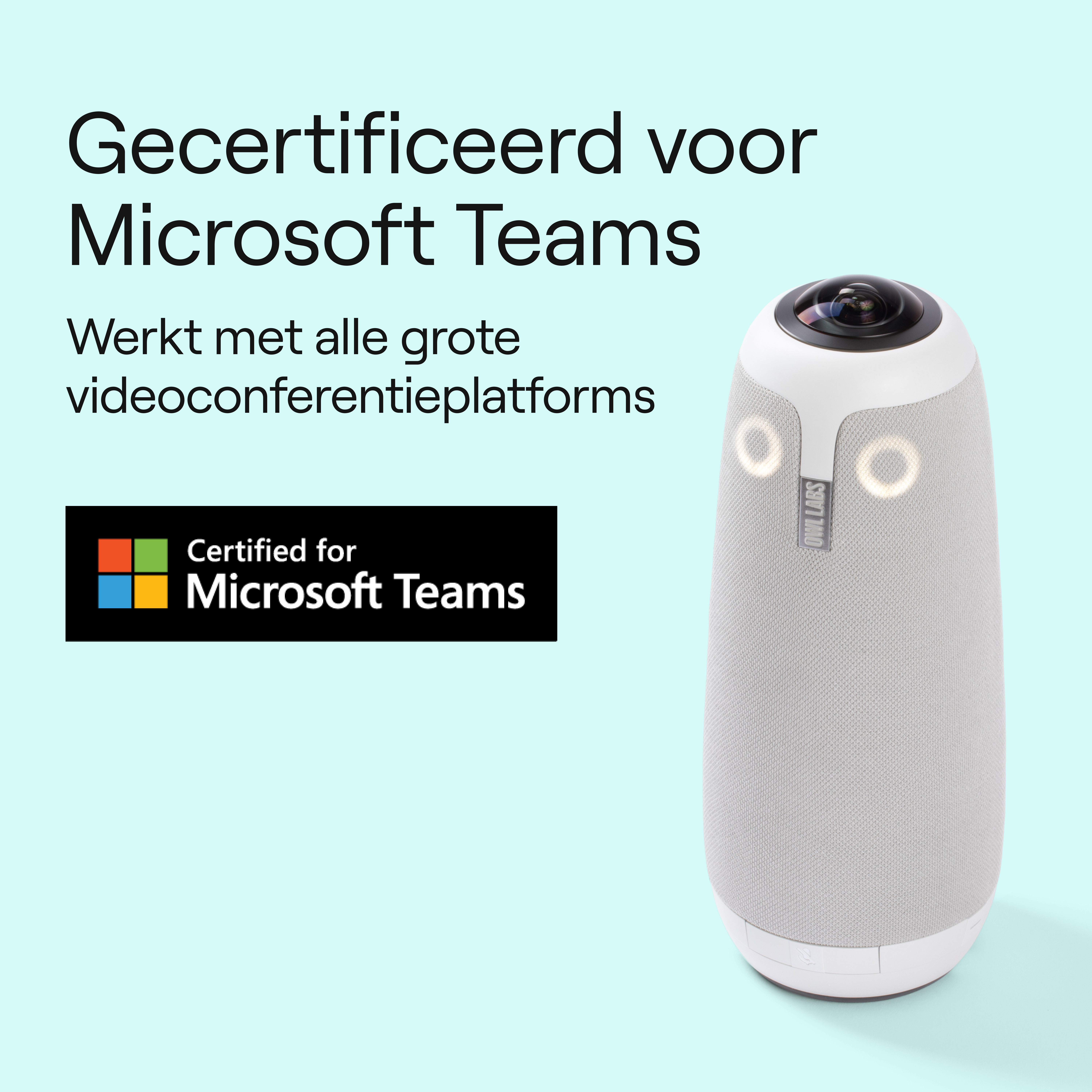 Ein weißes, eulenformiges Videokonferenzgerät. Es hat zwei augenähnliche Lichter und ist für Microsoft Teams zertifiziert.