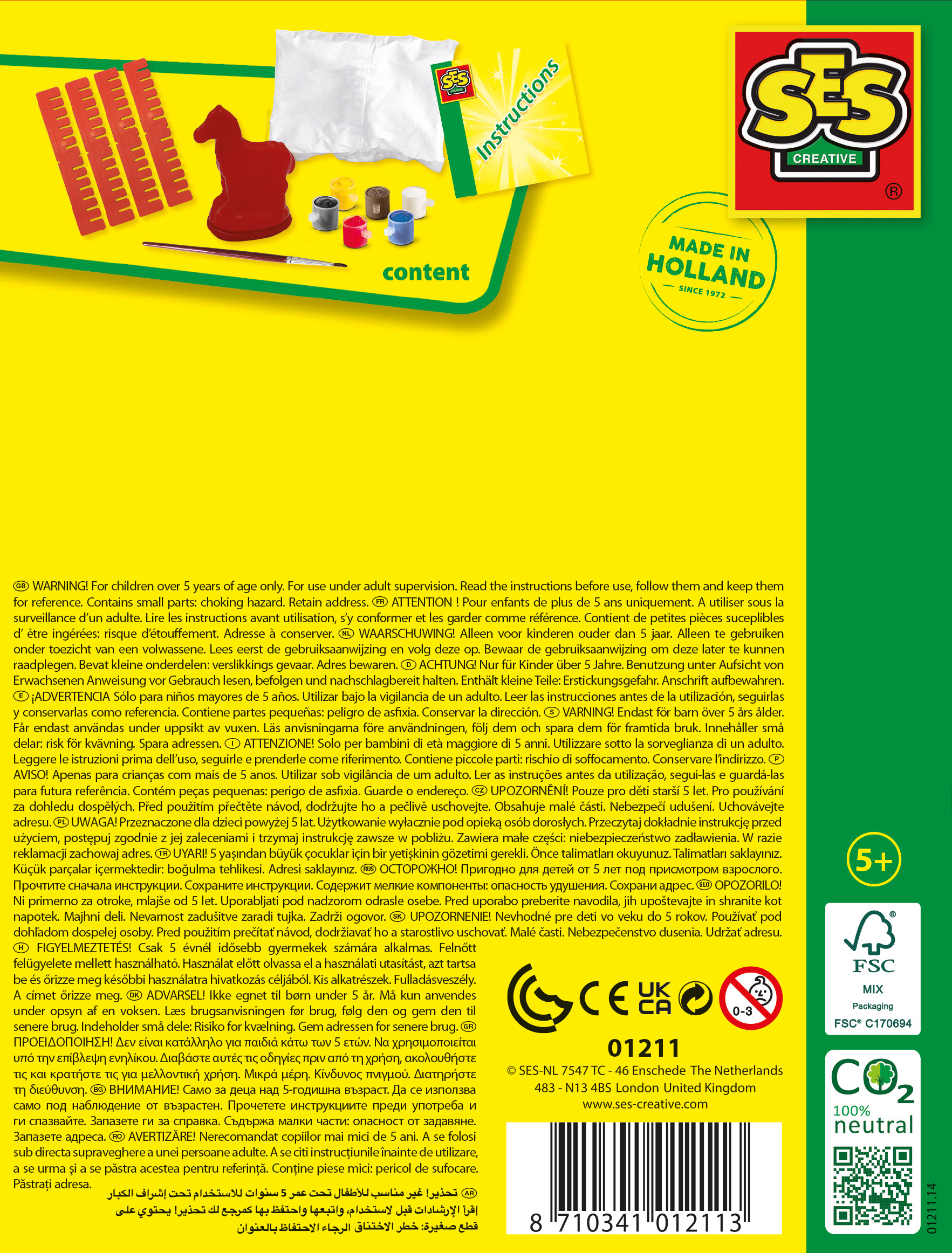 Kolorowe opakowanie z instrukcjami, linijkami i czerwonym kształtem z instrukcjami w wielu językach.