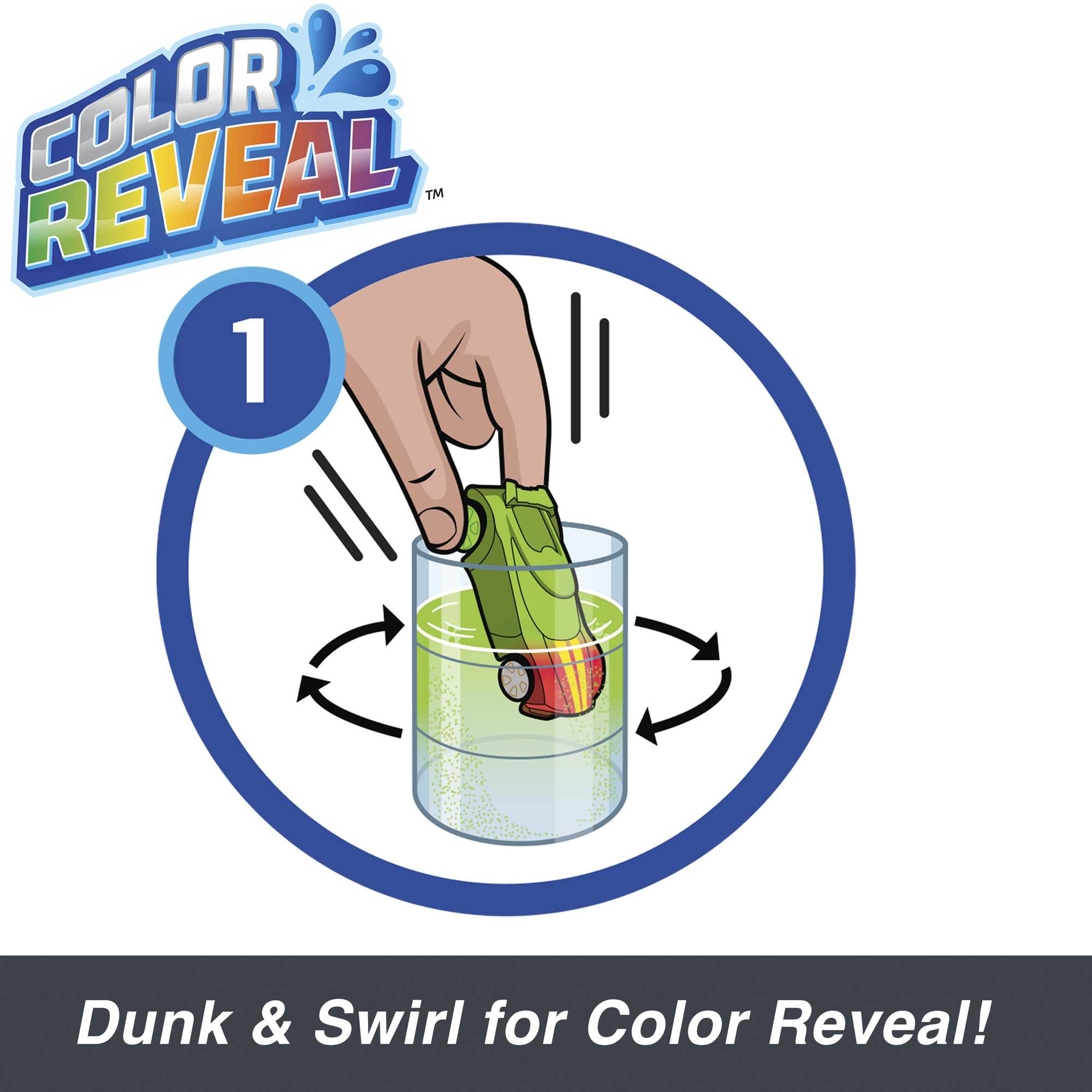 Ręka zanurza zabawkowe auto w wodzie, aby ujawnić kolor, z logo 'Color Reveal'.