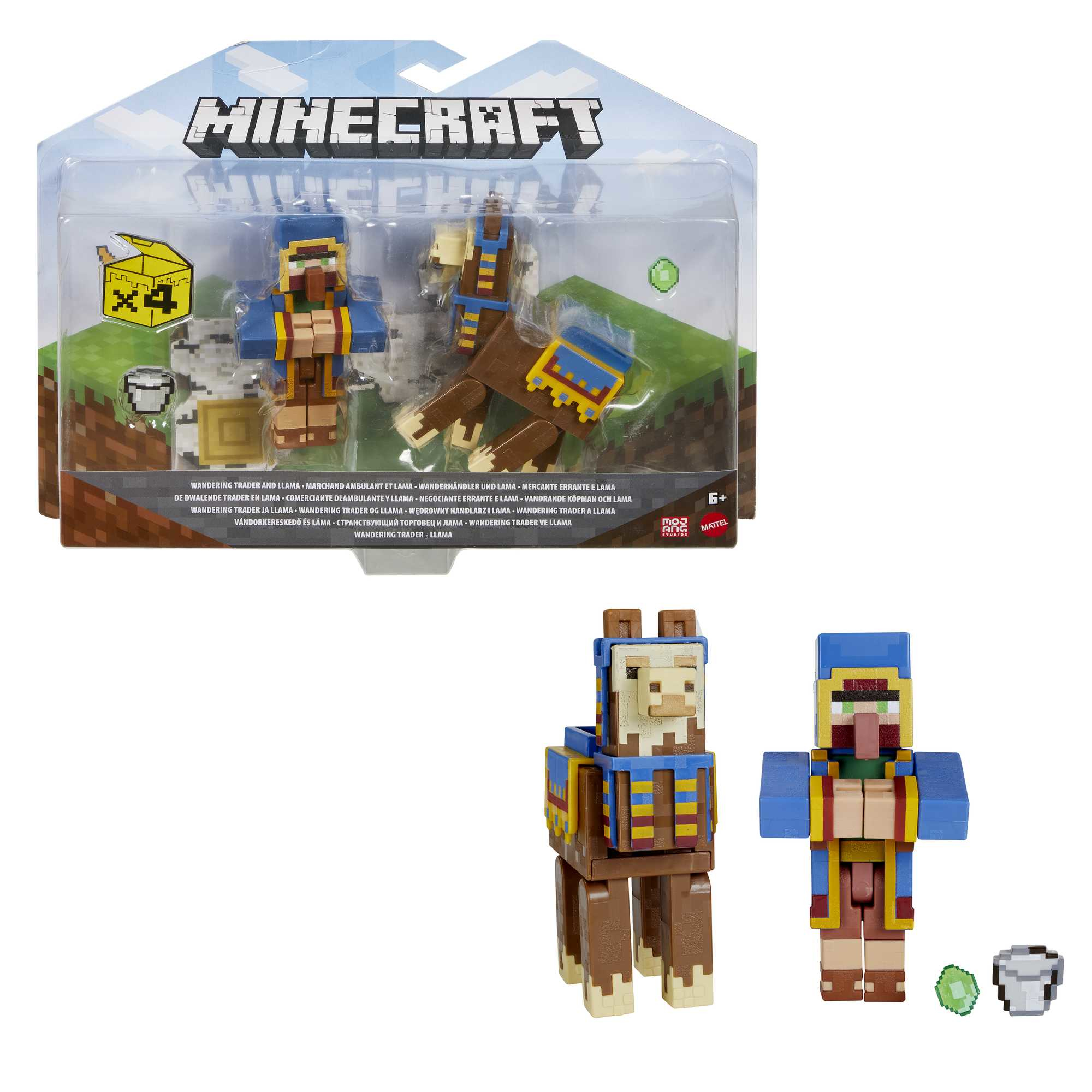 Set de juguetes de Minecraft con dos figuras, una llama y accesorios, en un paquete transparente.
