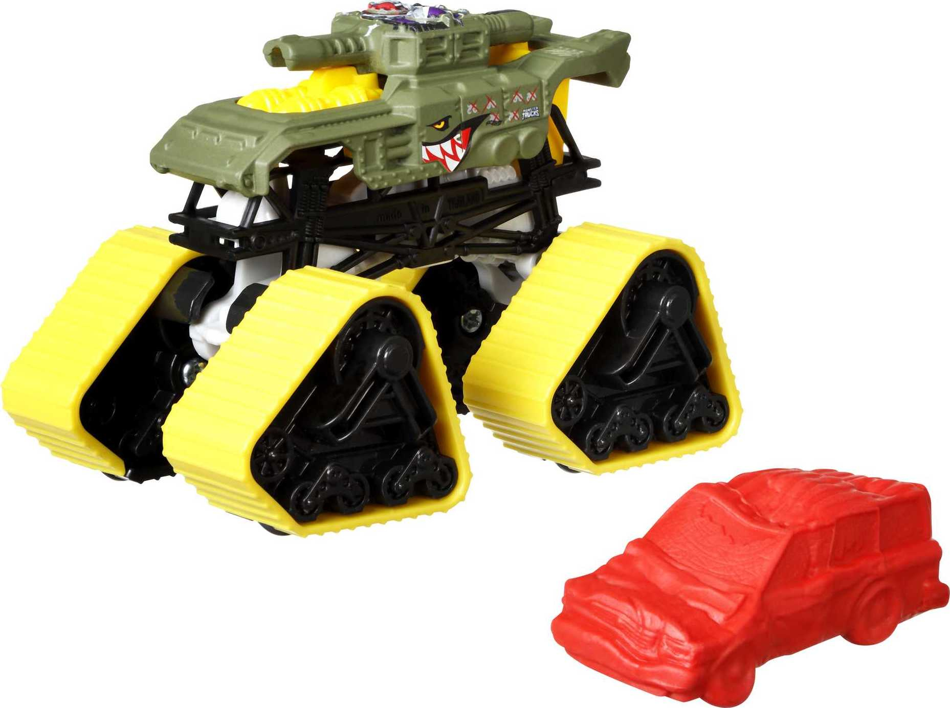 Zielono-żółty czołg zabawkowy z czerwonym samochodzikiem obok.