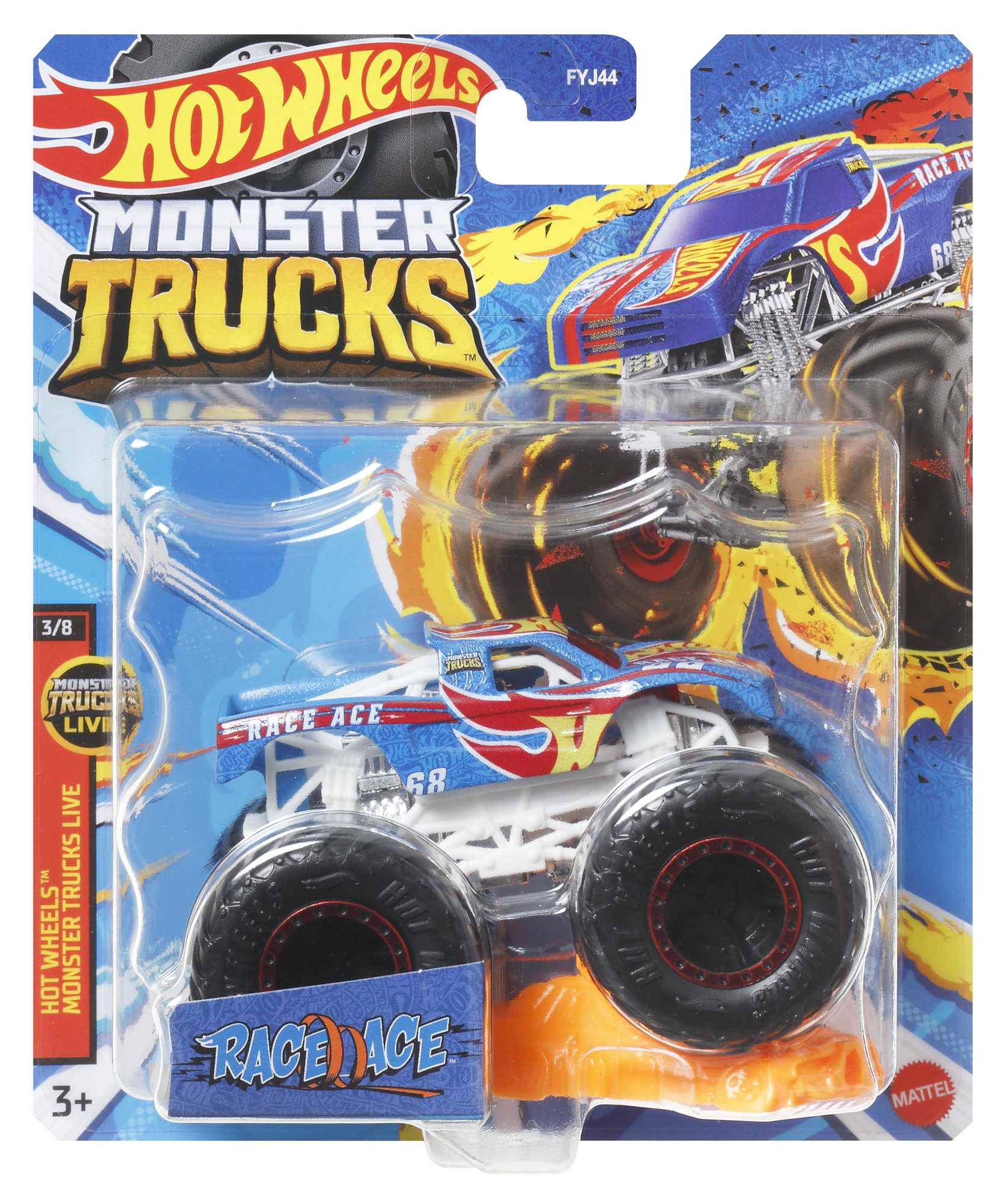 Zabawka Hot Wheels Monster Truck w opakowaniu, z niebieskim tłem i płomieniami.