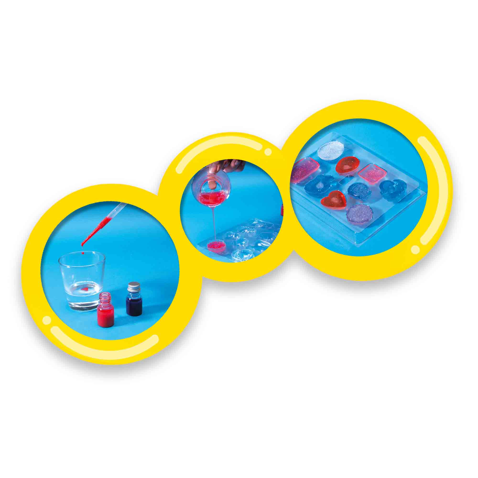 Trzy żółte koła pokazujące kroki: czerwony płyn do pojemnika, następnie do form.