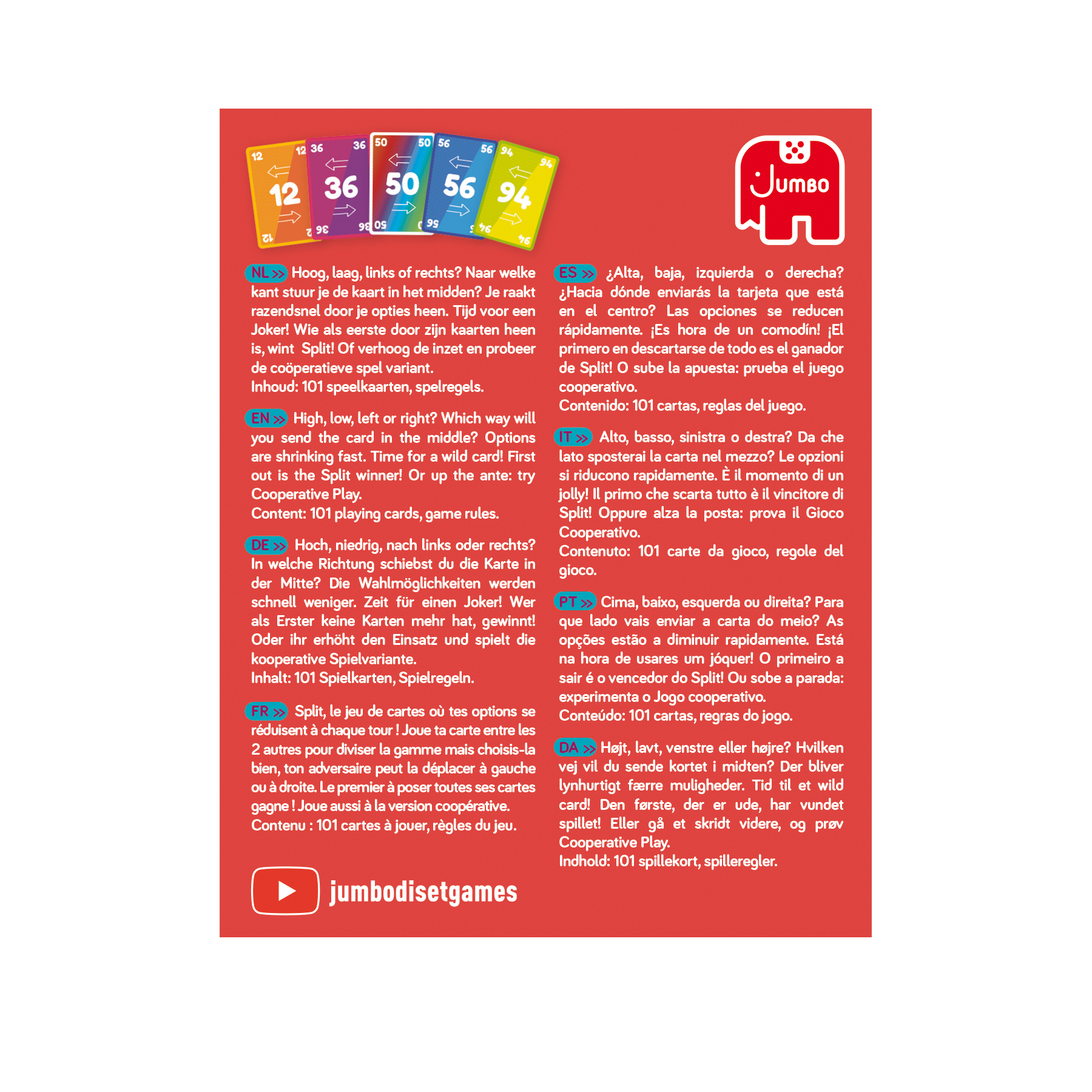 Anleitungskarte mit Spielregeln. Text in mehreren Sprachen. Elefantenlogo.