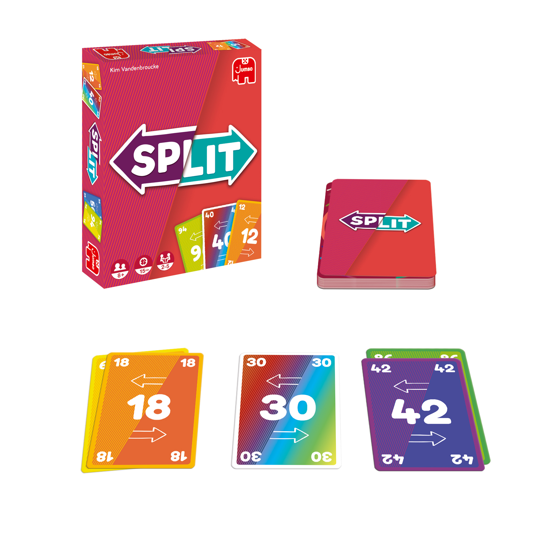 Split-Kartenspielbox und -Karten. Karten haben Zahlen und Pfeile. Die Box ist rot und weiß.