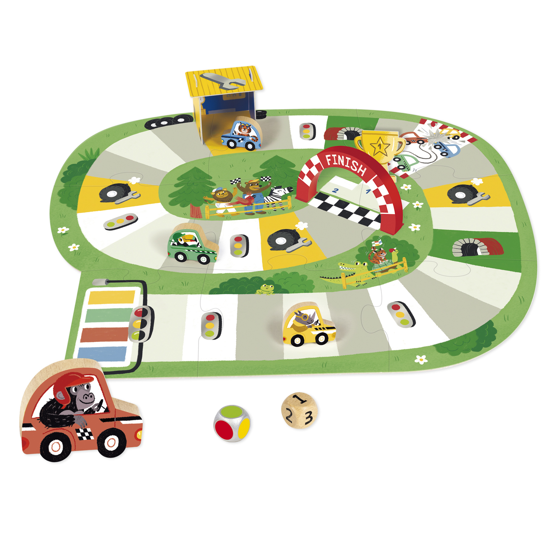 Gra planszowa z samochodami z kreskówek i torem. Tekst: FINISH. Na planszy znajdują się kostki i elementy samochodów.