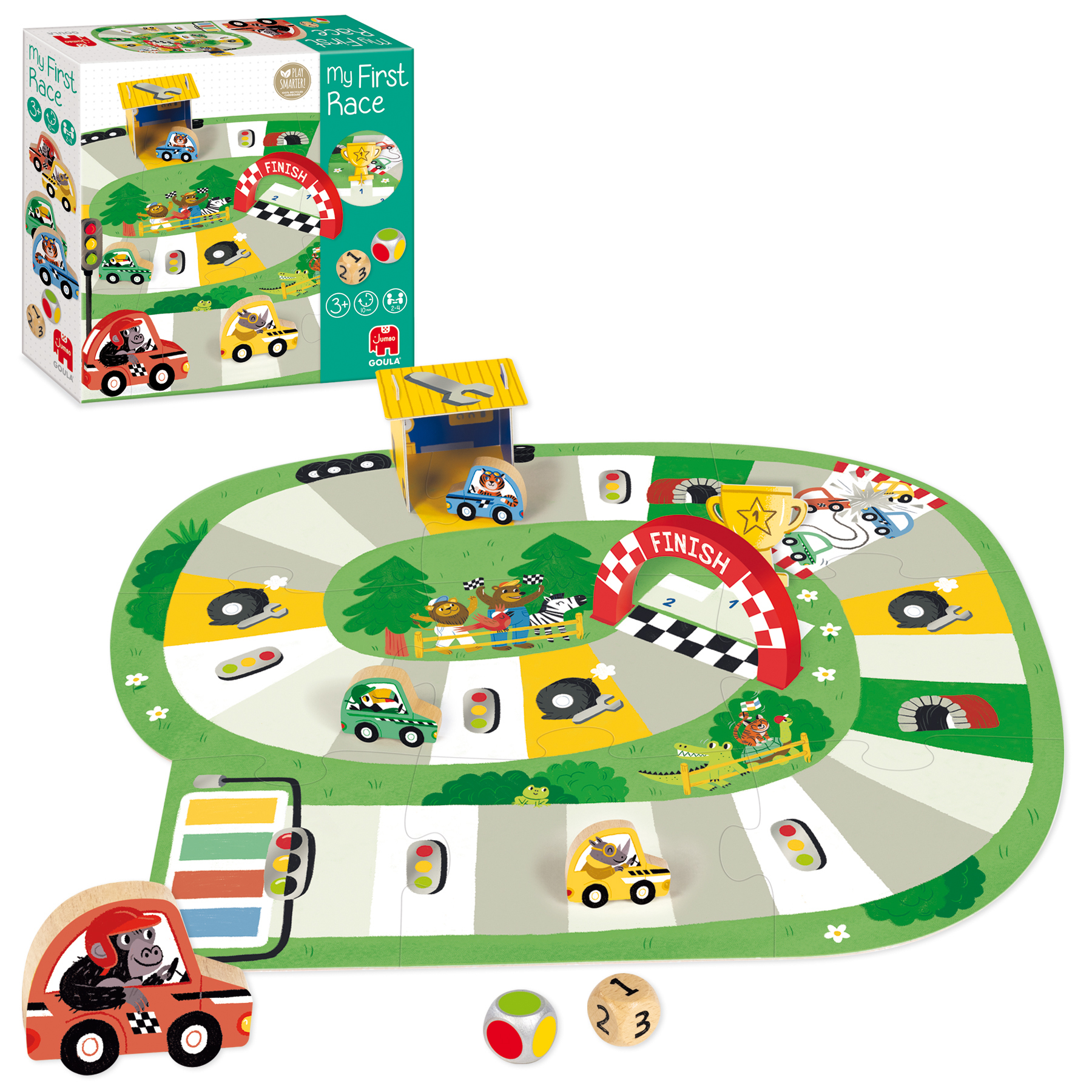 Drewniana gra wyścigowa z samochodami, torem, linią mety, kostkami i pudełkiem z autami.