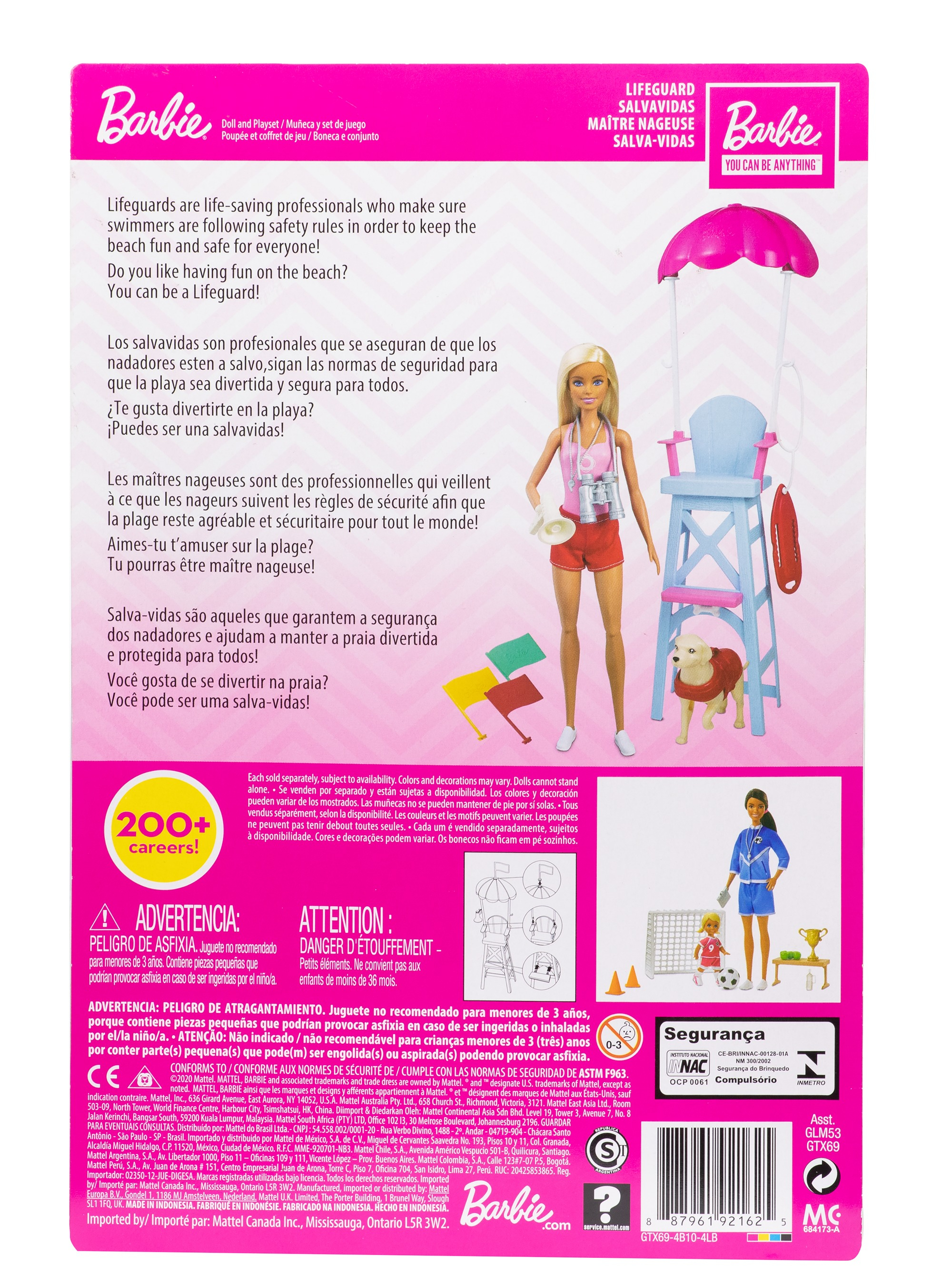 Die Rückseite einer Barbie-Box. Sie hat eine Barbie-Rettungsschwimmerin und eine Rettungswache. Es gibt einen Hund.