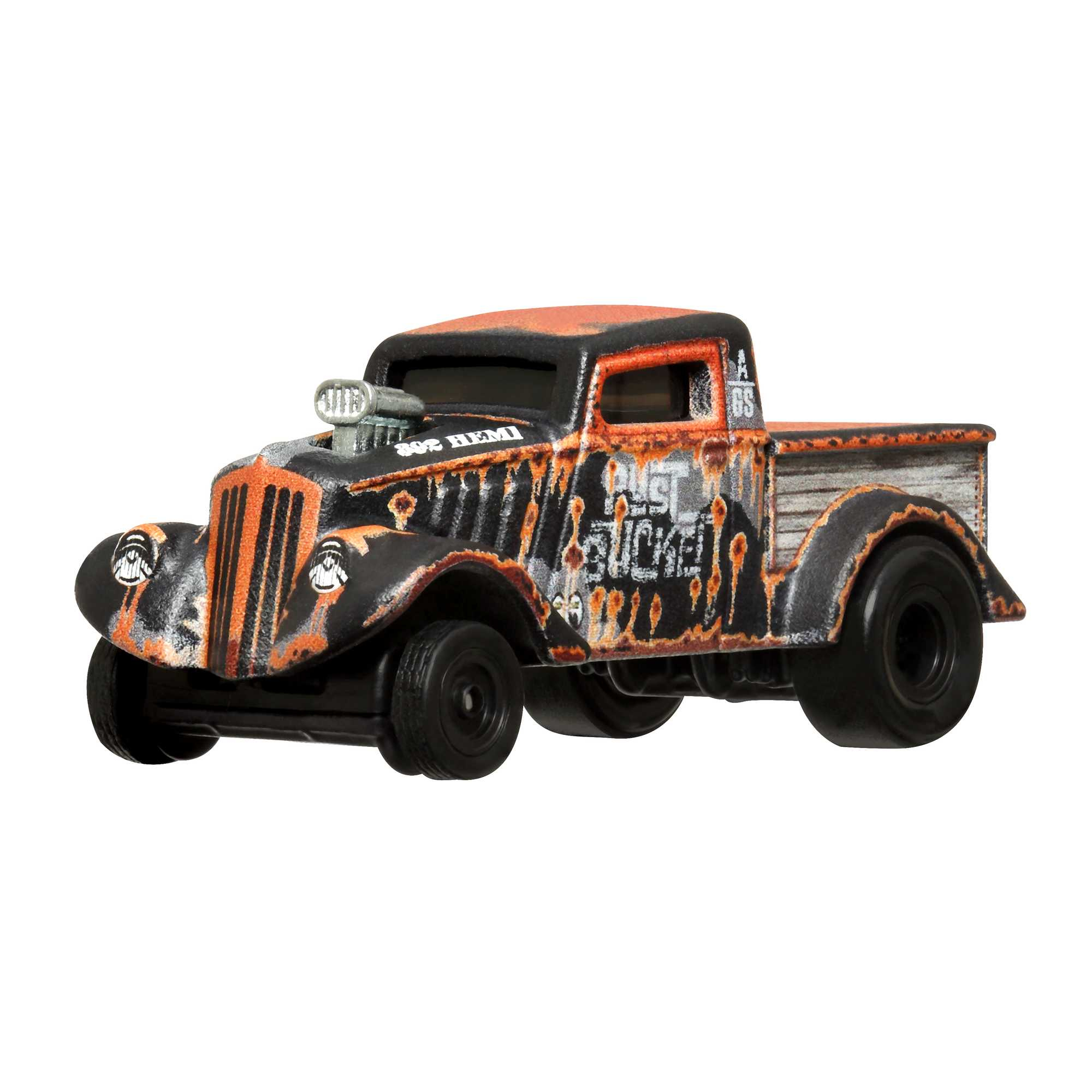 Czarny i pomarańczowy samochód ciężarowy z zabawkami z postarzaną farbą, oznaczony 'DUST BUCKET' z boku.
