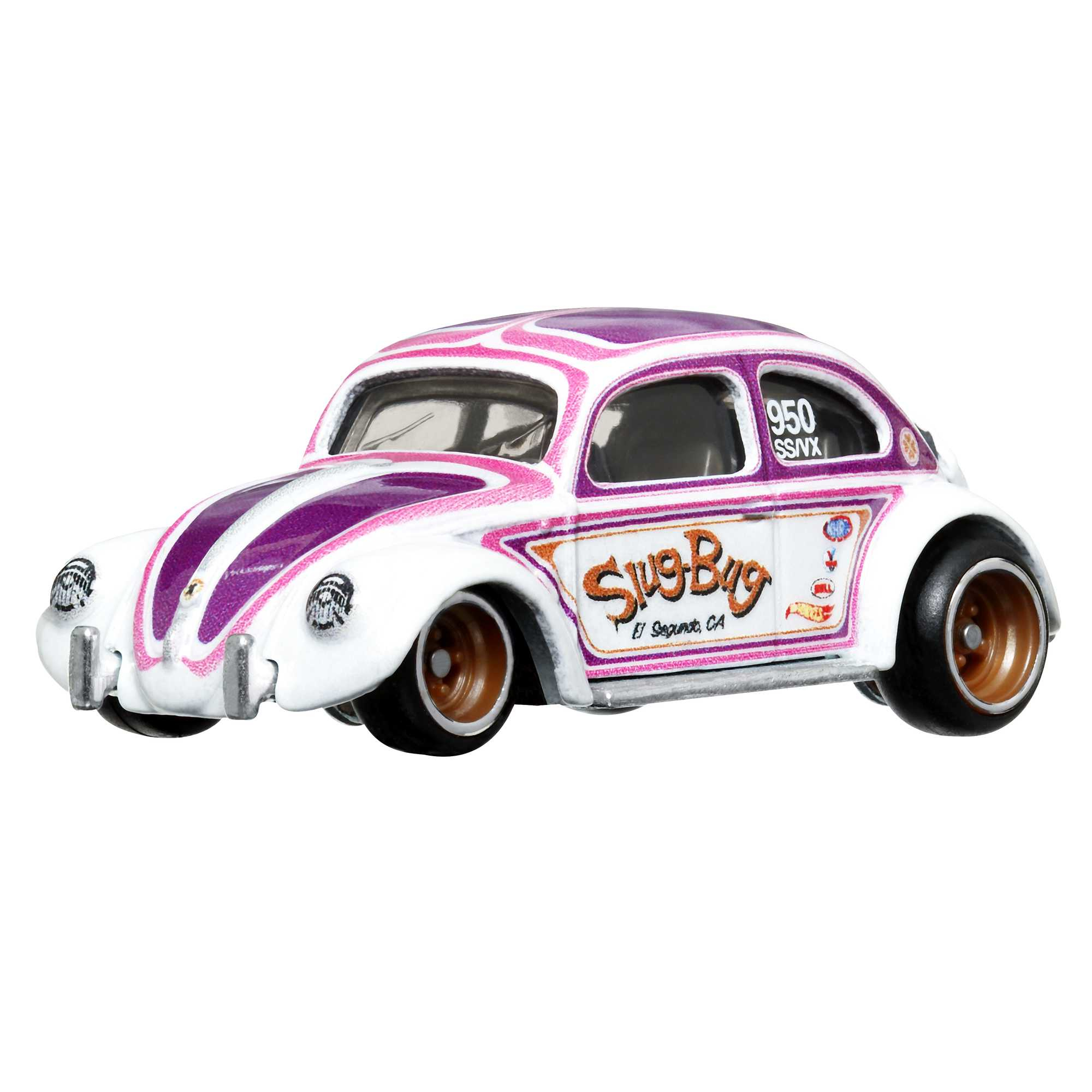 Biało-fioletowy zabytkowy samochód. Ma napis 'Slug Bug'. Tło jest białe.
