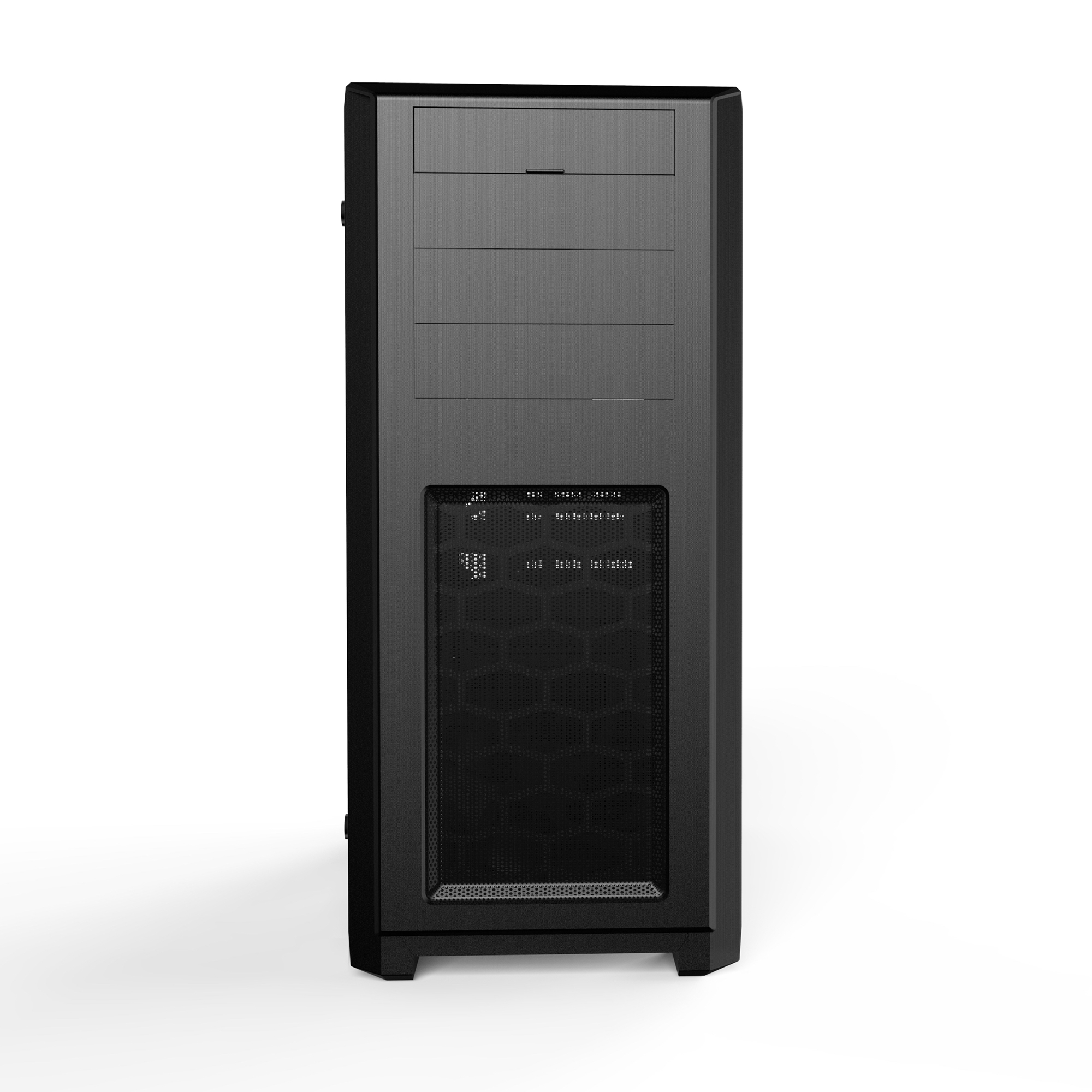 Black computer case, front view. Features air vents, with three horizontal panels and a mesh section.
