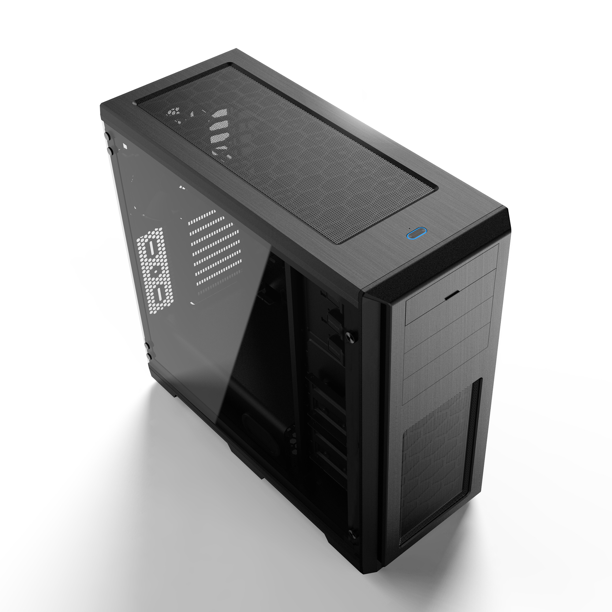 Black PC case. Angled view of a black PC case with a side window.