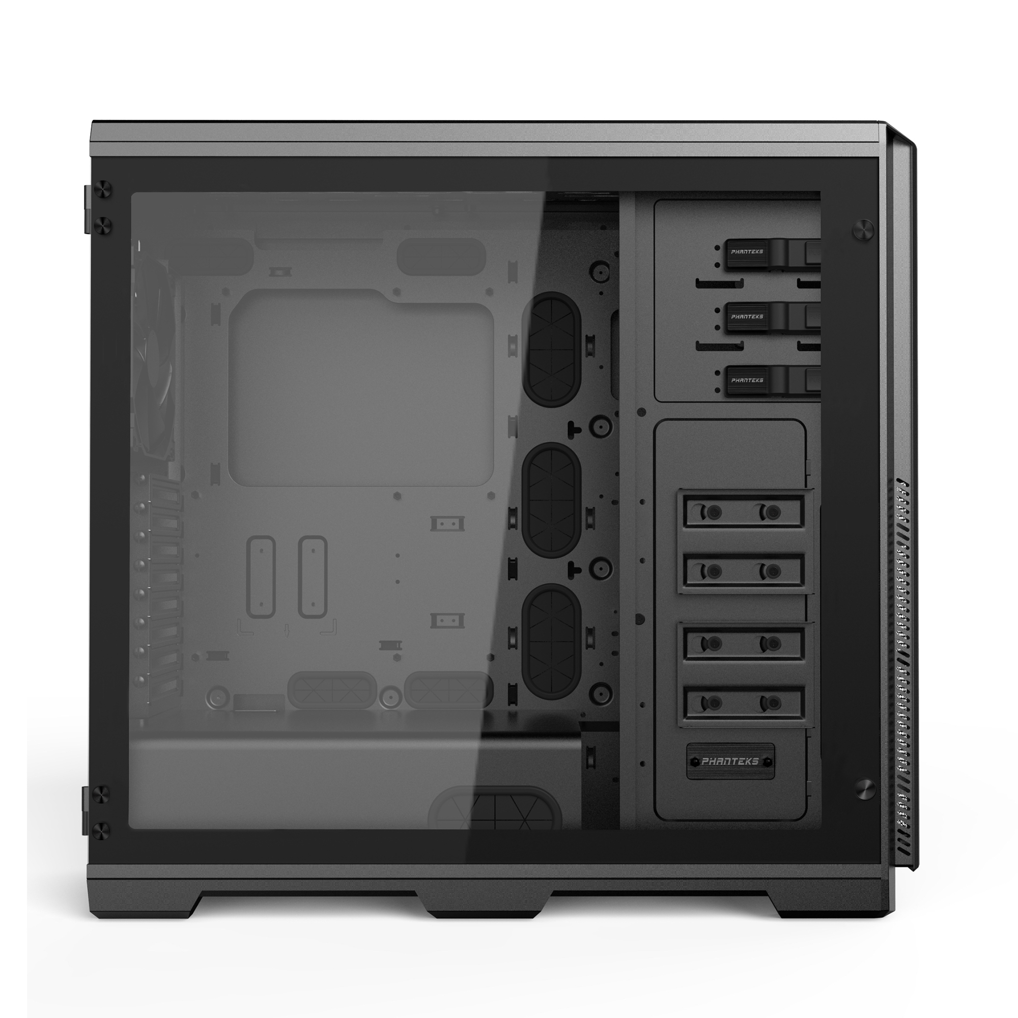 Computer case with a glass side panel, interior visible, featuring a black and gray design.