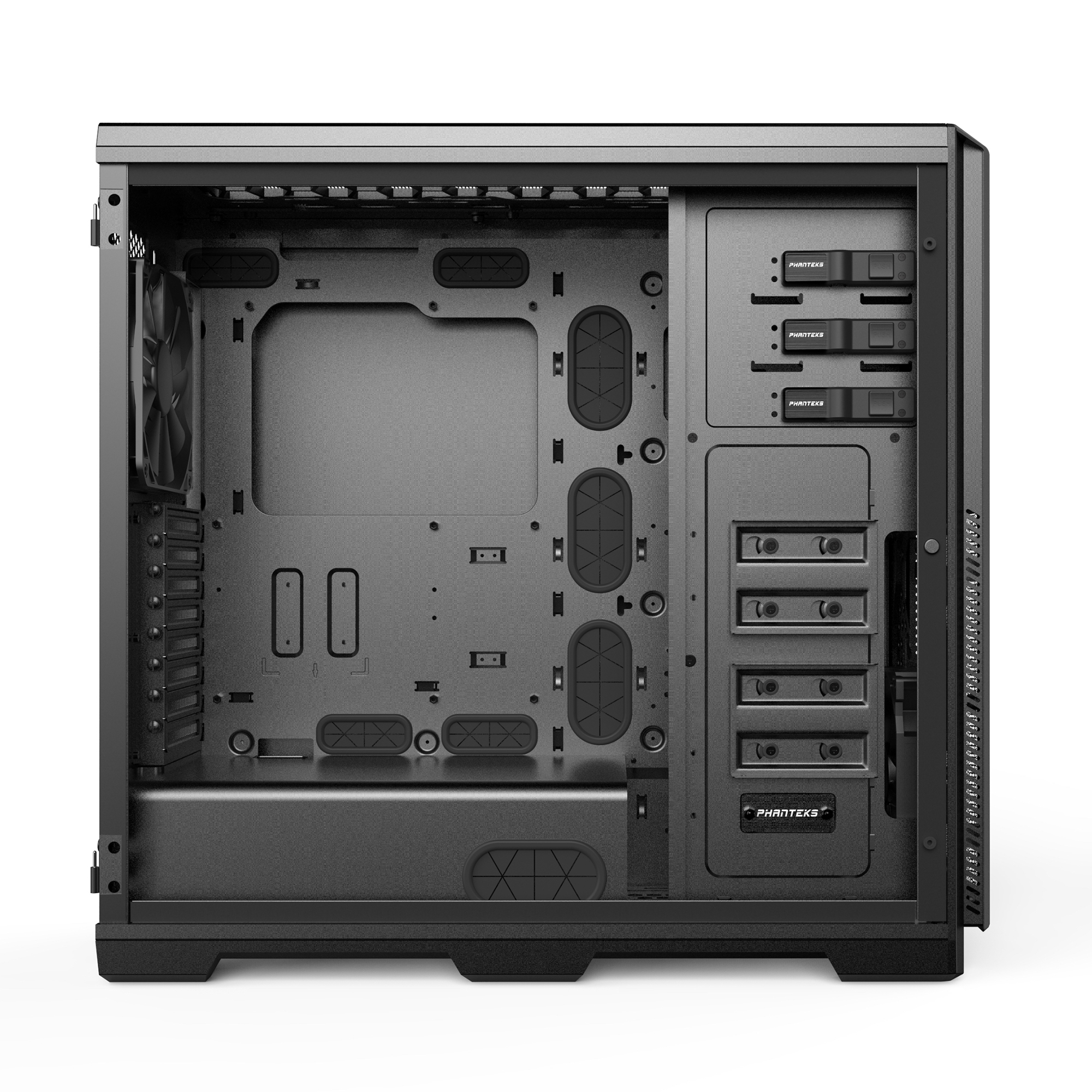 Black computer case interior with multiple drive bays and Phanteks branding.