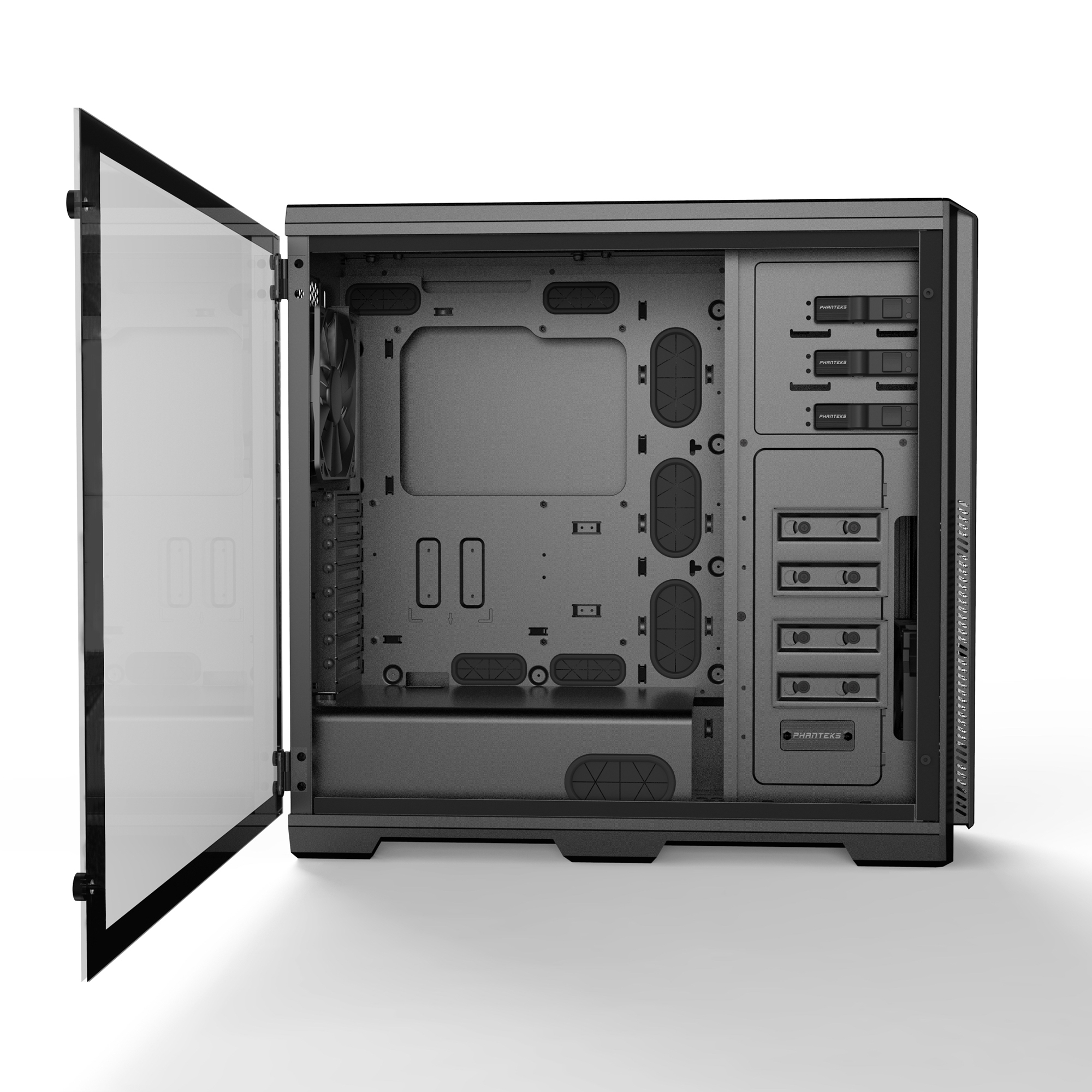 A black computer case with a glass side panel open, revealing internal components.