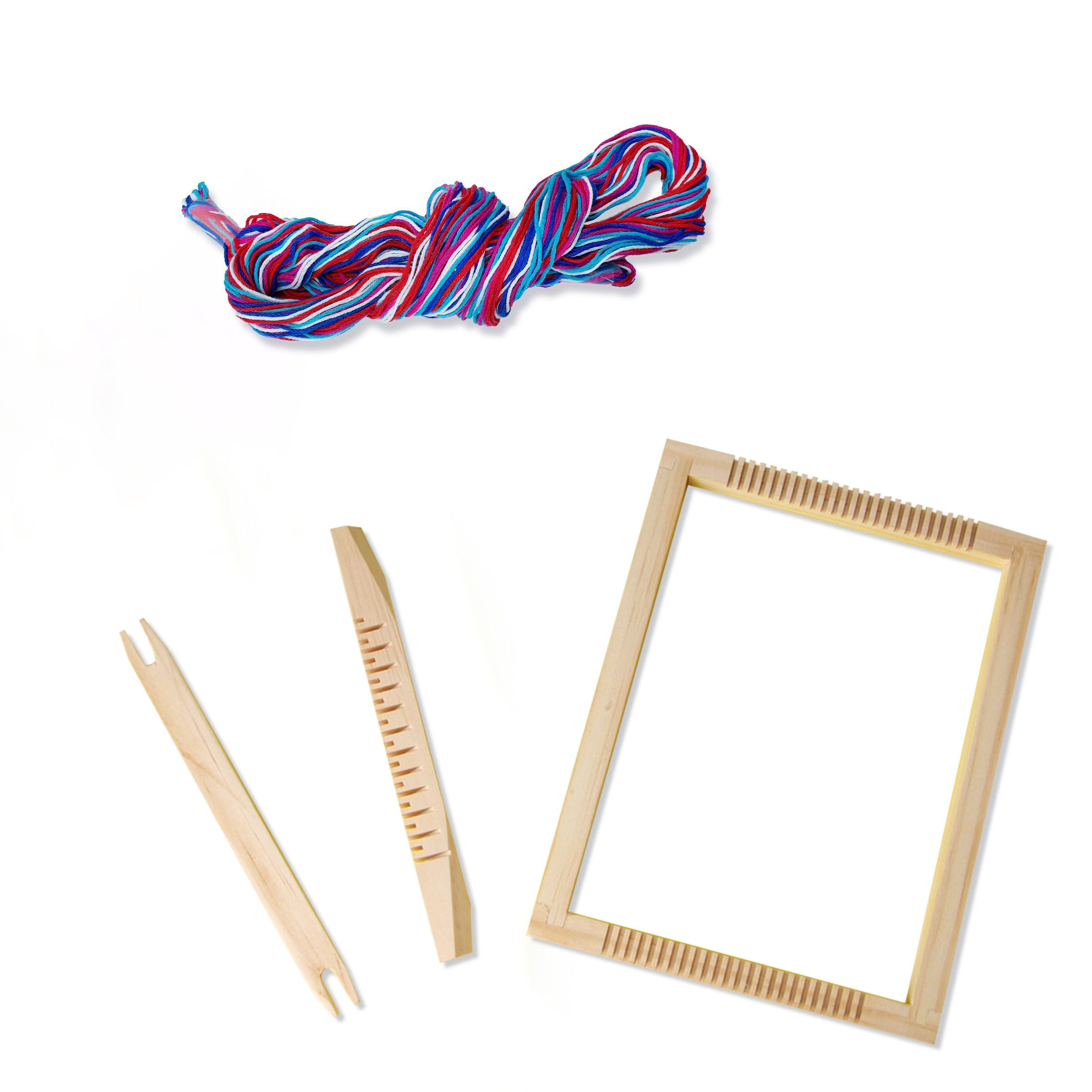 Zestaw do tkania z drewnianą ramą, czółenkami i kolorową przędzą.
