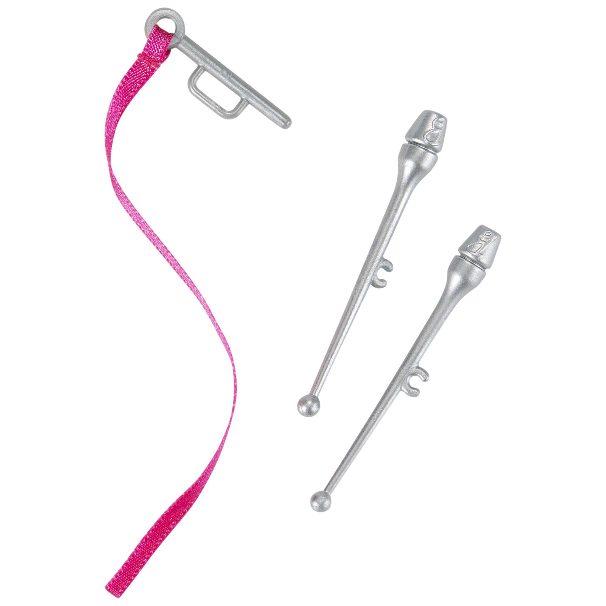 Akcesoria Barbie, srebrny mikrofon i różdżki, różowa wstążka.