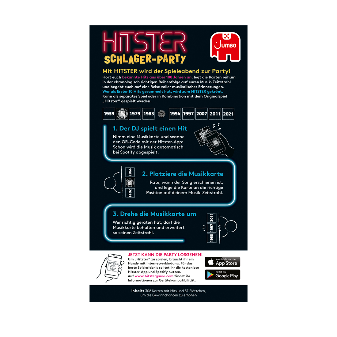Ein deutsches Poster mit Text und Grafiken, das ein Spiel namens 'Hitster Schlager-Party' bewirbt.
