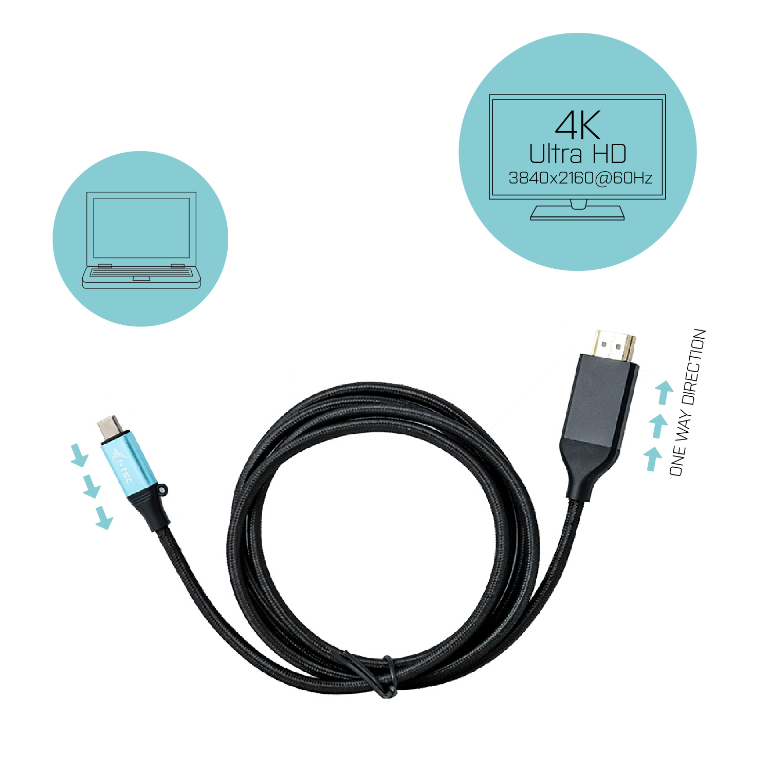 Un cavo HDMI nero con connettore USB-C, illustrazioni di un laptop e di un monitor, e frecce.