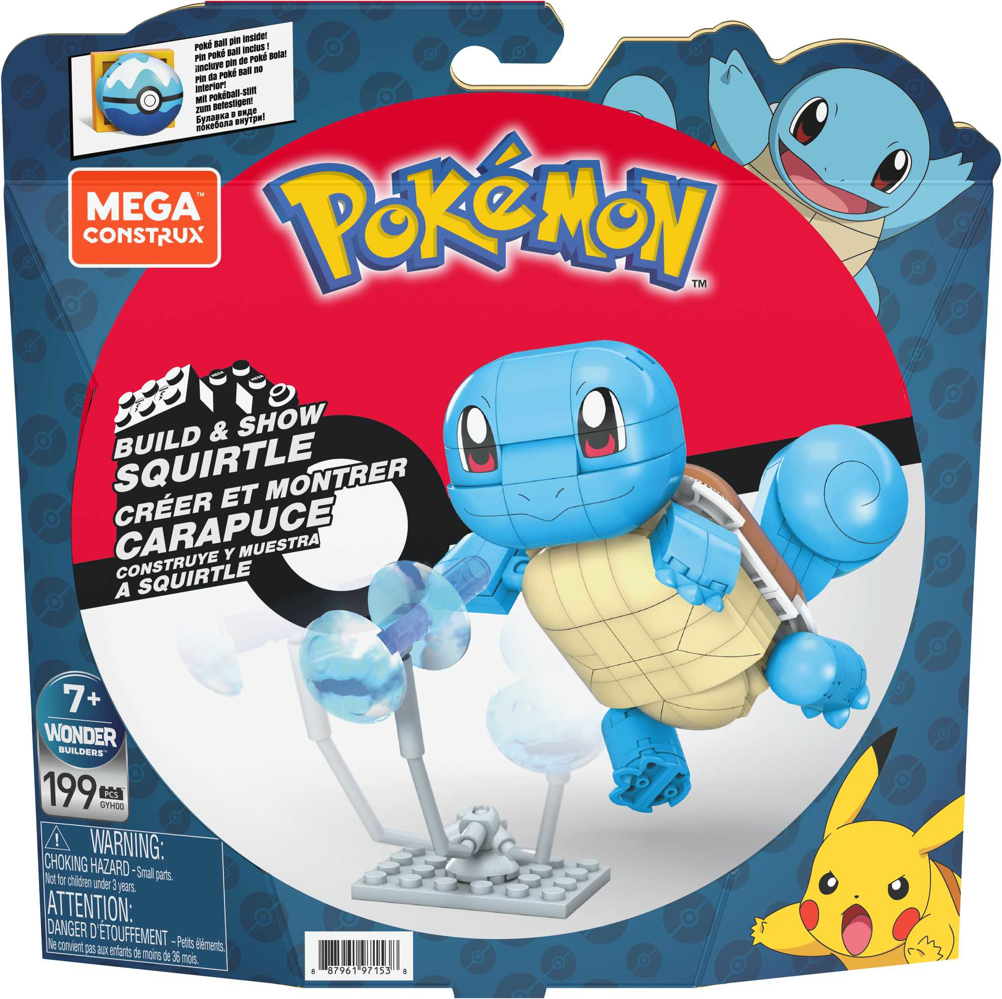 Zabawka konstrukcyjna Pokemon Squirtle w pudełku, z niebieską figurką Squirtle i innymi elementami zabawki.