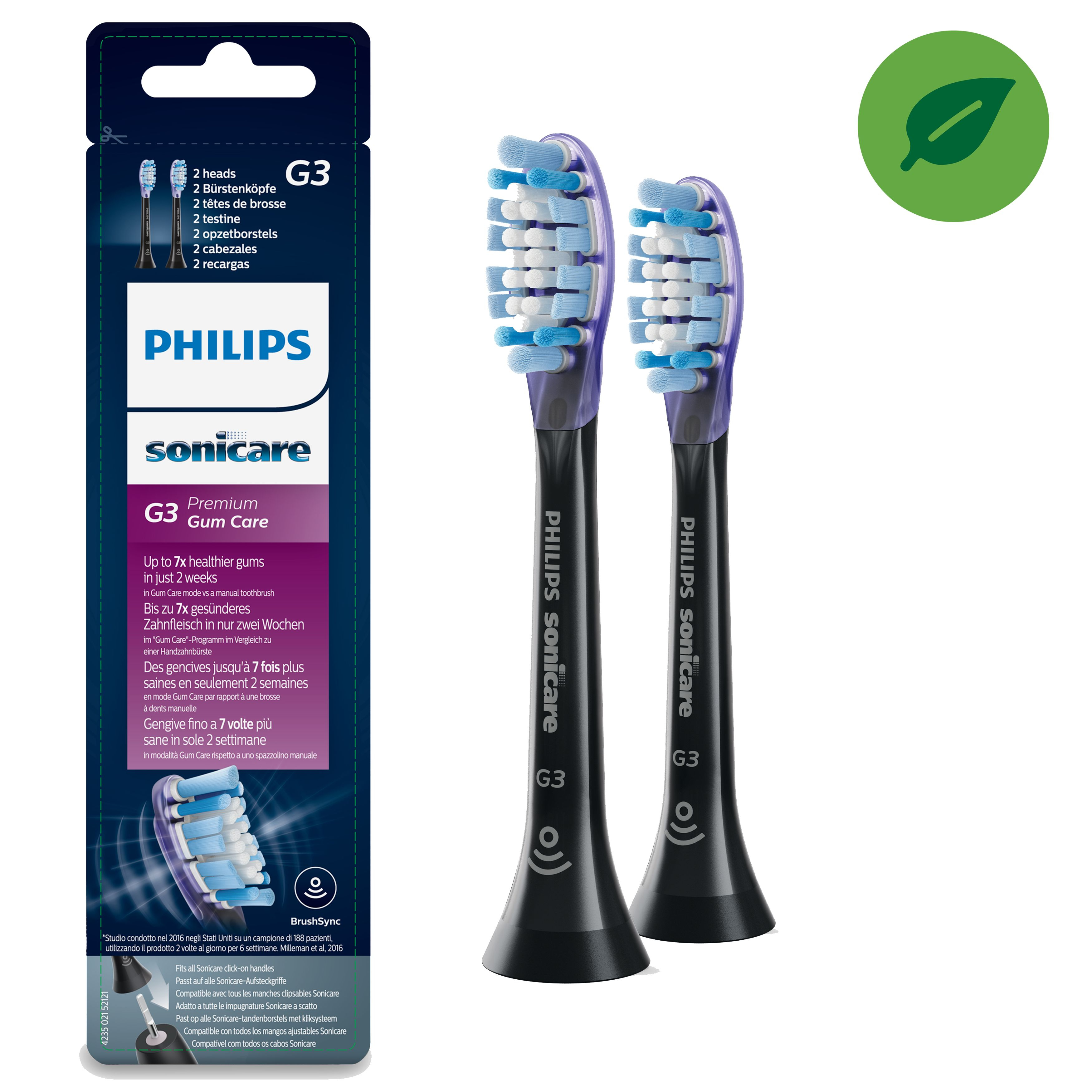 Zwei Philips Sonicare Zahnbürstenköpfe auf weißem Hintergrund, mit Verpackung links.