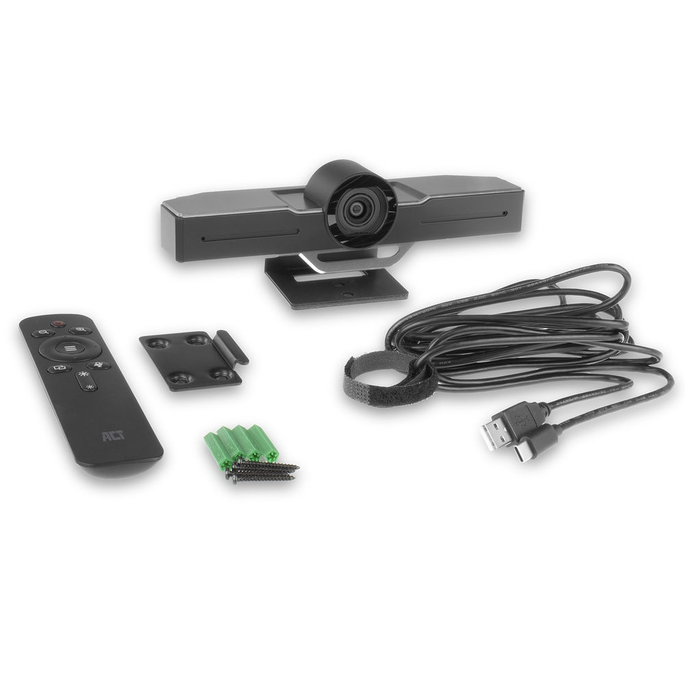 Eine Webcam mit Zubehör: Fernbedienung, Halterung, Schrauben und Kabel, auf weißem Hintergrund.