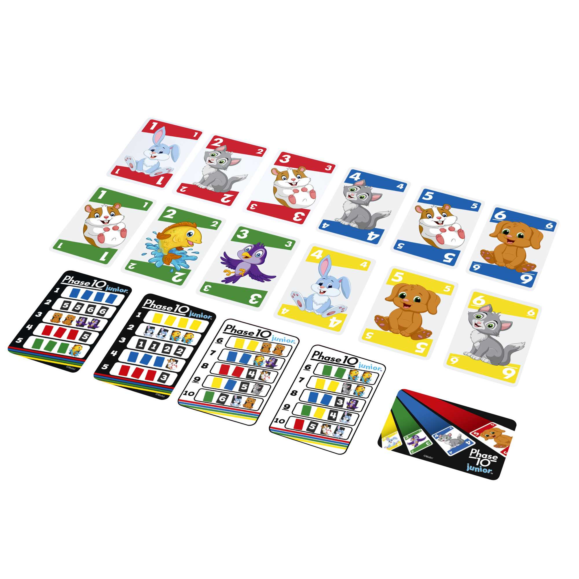 Gioco di carte Phase 10 Junior con carte che mostrano animali dei cartoni animati e numeri.