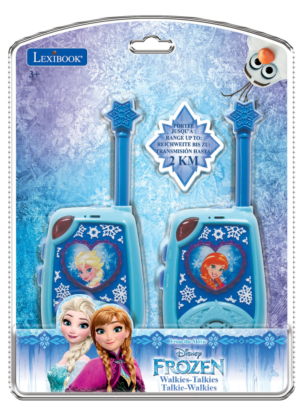 Walkie-talkies de Frozen en una tarjeta. Diseño azul y blanco. Personajes de la película.