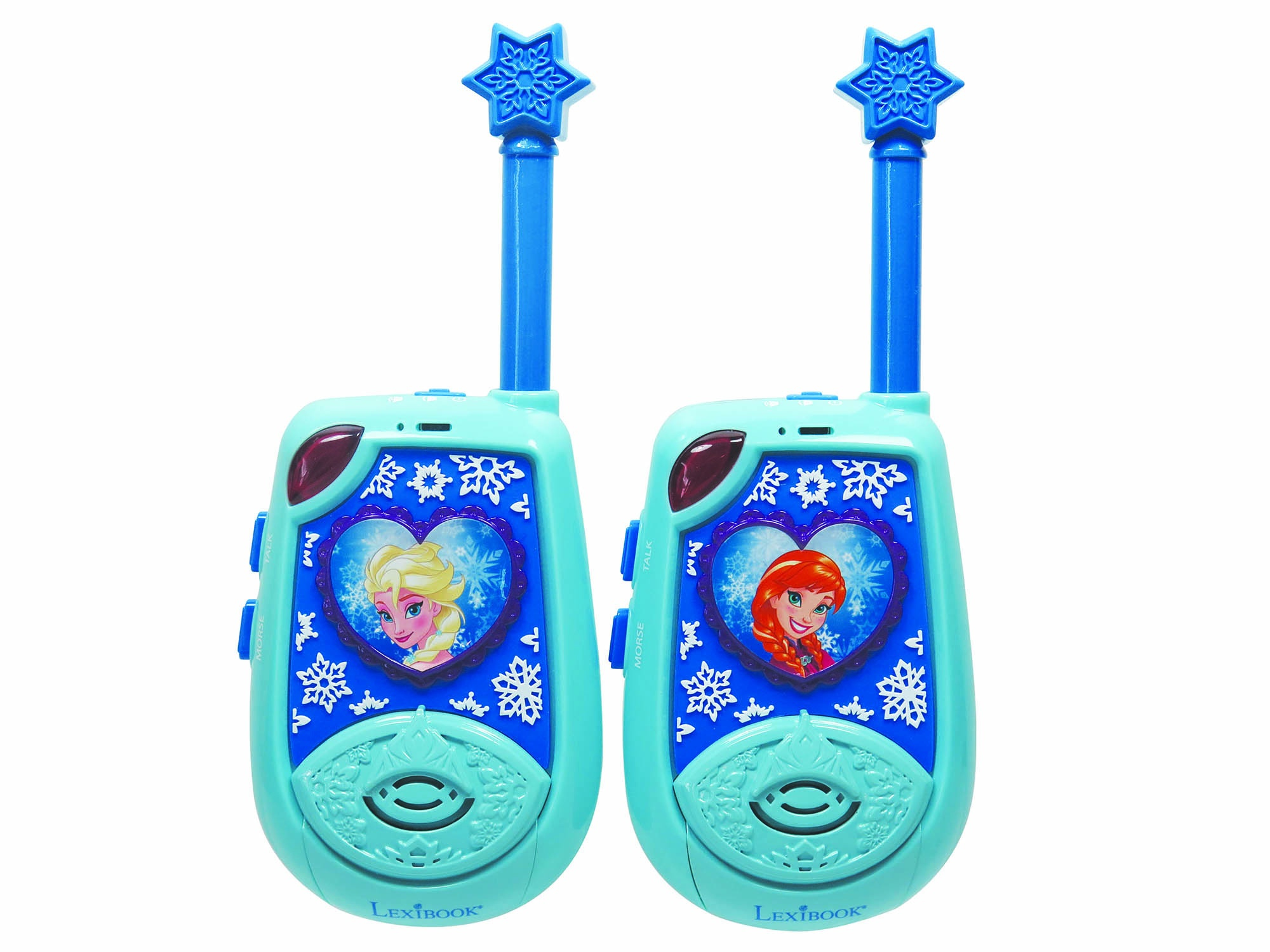 Dos walkie-talkies de Frozen. Diseño azul. Personajes de la película. Fondo blanco.