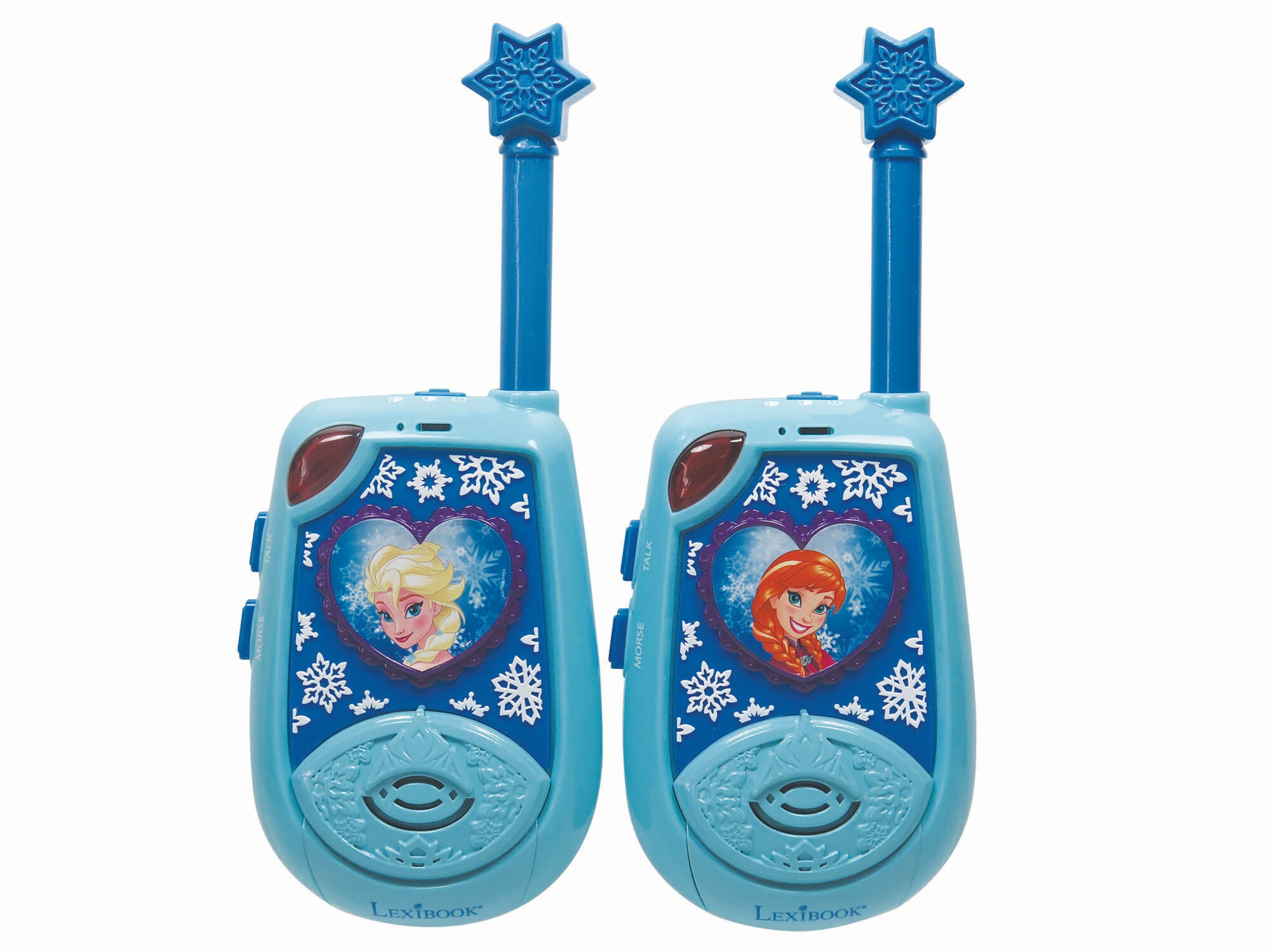 Dos walkie-talkies de Frozen. Diseño azul. Personajes de la película. Fondo blanco.