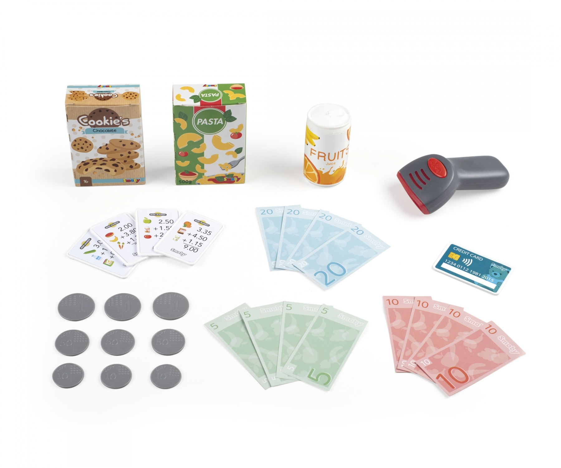 Spielzeug-Lebensmittel: Kekse, Nudeln, Saft, Scanner, Spielgeld, Münzen und eine Kreditkarte.