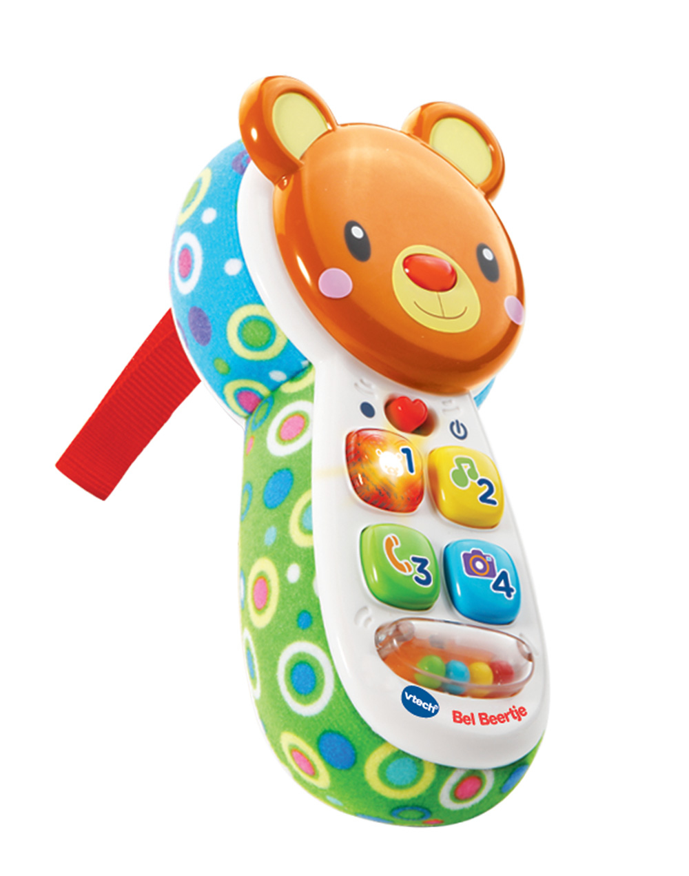 Ein farbenfrohes bärenförmiges Spielzeugtelefon für Babys mit Knöpfen und einem roten Riemen.